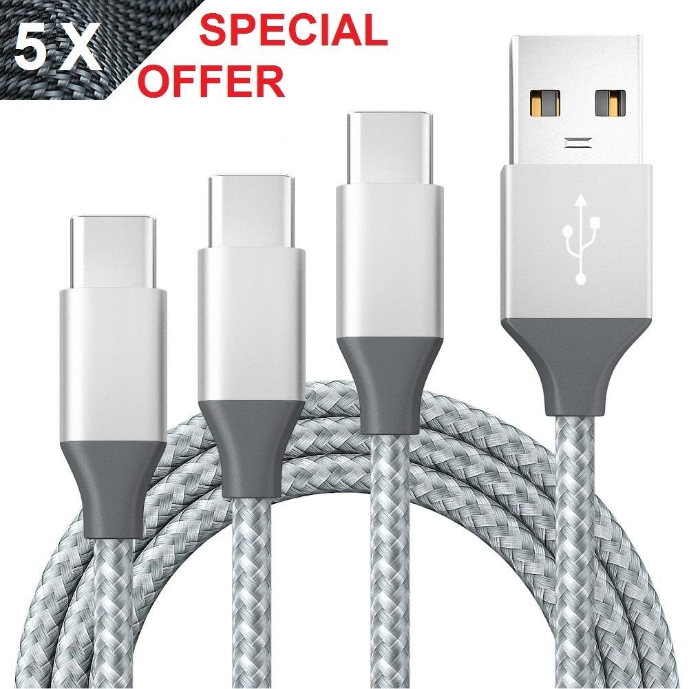 Kevin Frotscher (FroShop) 5x (Set) USB Schnellladekabel Ladegerät für Original Samsung Smartphone-Kabel, Huawei Lenovo Xiaomi Galaxy S22 S23 S24, Ultra Z Fold Flip USB zu Typ-C - 1m Silber