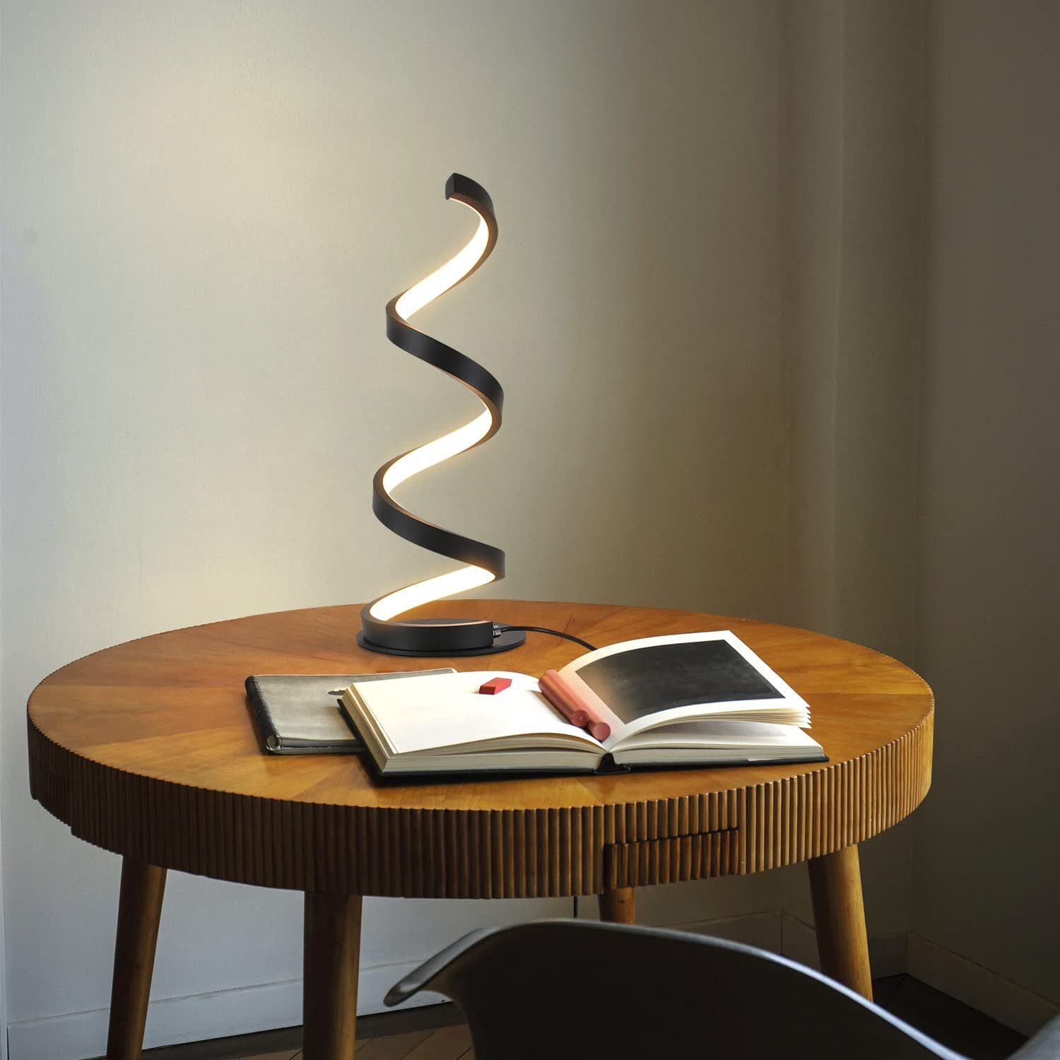 ZMH LED Tischleuchte Modern-Spiral-Design Leselampe 10W fest Schlafzimmer, integriert, Schwarz für warmweiß-kaltweiß, LED