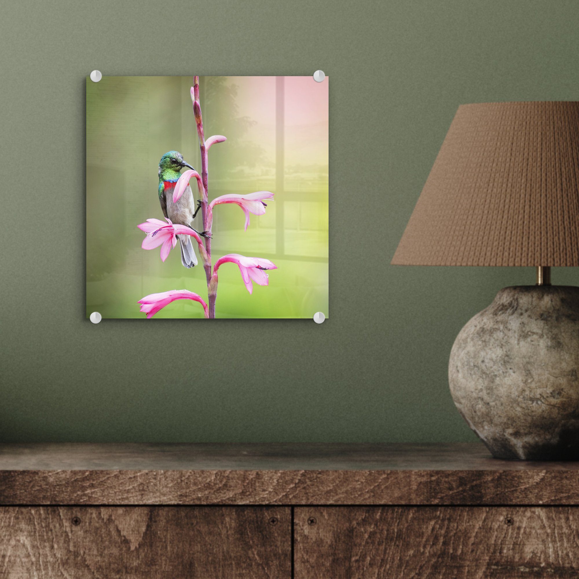 Bilder Foto Nahaufnahme auf Glas - mit Vogels auf Acrylglasbild auf (1 - rosa St), Glasbilder bunten - rosa eines Zweig MuchoWow Glas Wanddekoration einem Wandbild Blüten,