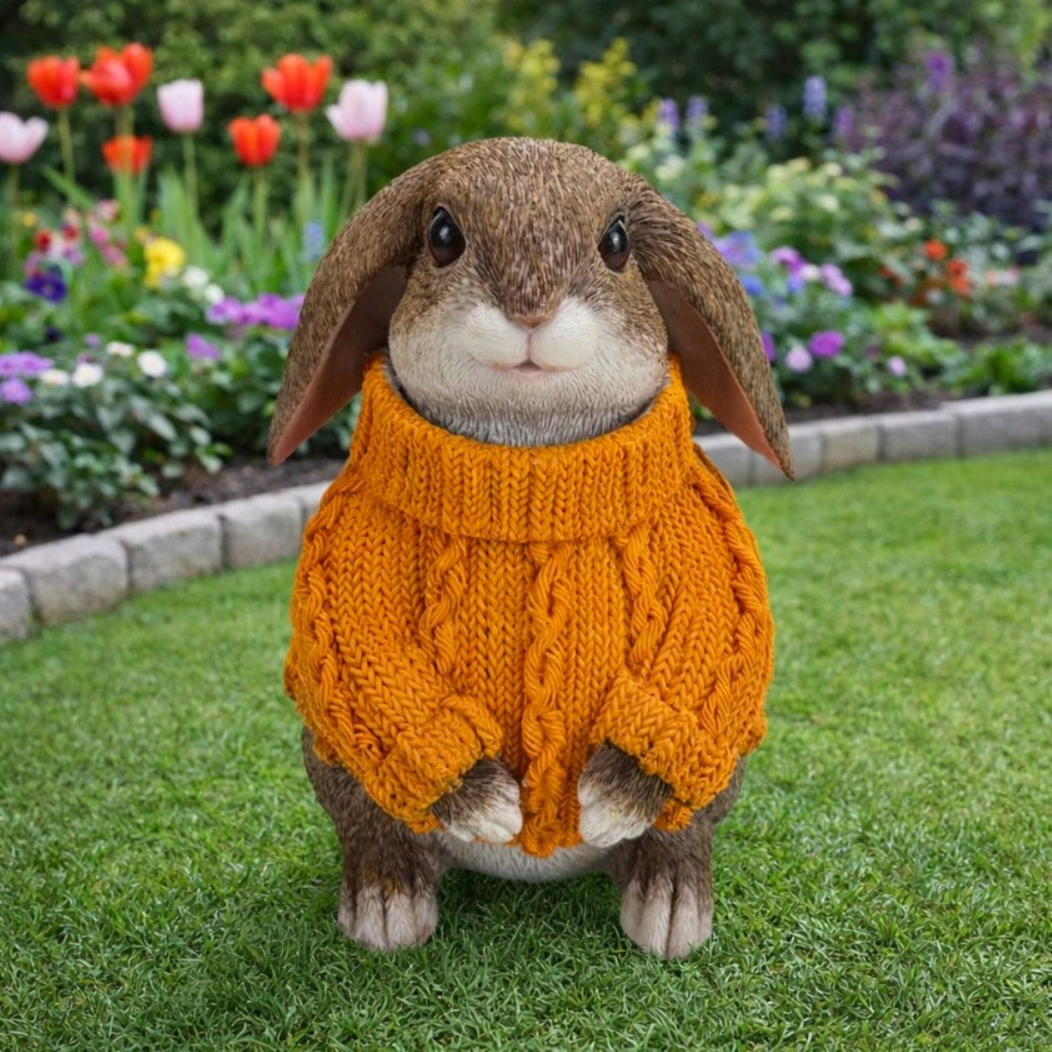 Online-Fuchs Gartenfigur süßer Hase mit Pullover für außen - Deko Figuren Frühling, Sommer, (19 cm), aus langlebigem Kunstharz gefertigt, wetterfest - 19 cm groß