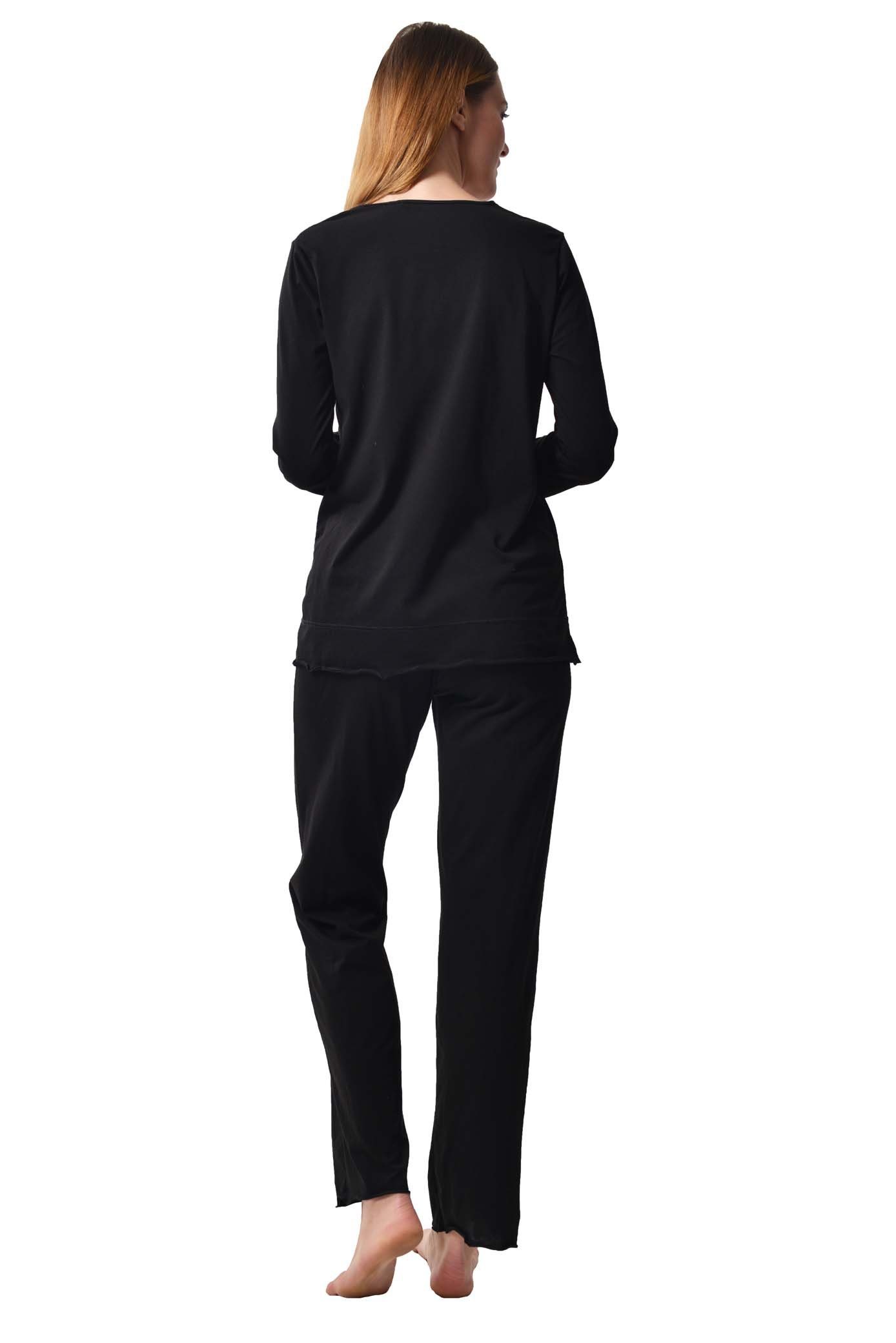 RAIKOU Hausanzug Damen Deluxe (2 Schlafhose Pyjama Schwarz Ärmeln, V-Ausschnitt 1tlg aus tlg., 2tlg) 100 % Schlafanzug mit langen Baumwolle, order mit
