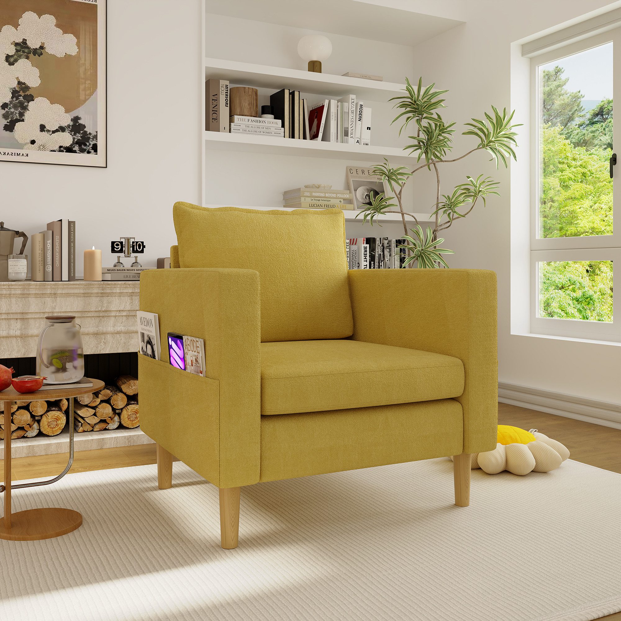 HAUSS SPOLE Relaxsessel mit Seitentaschen,Einsitzer Armlehnen,Loungesessel Chenille Senfgelb (Freizeitstuhl Posterstuhl mit Chenille-Polster und Aufbewahrungstasche), Dekostuhl mit Sofabeine in Holzfarben