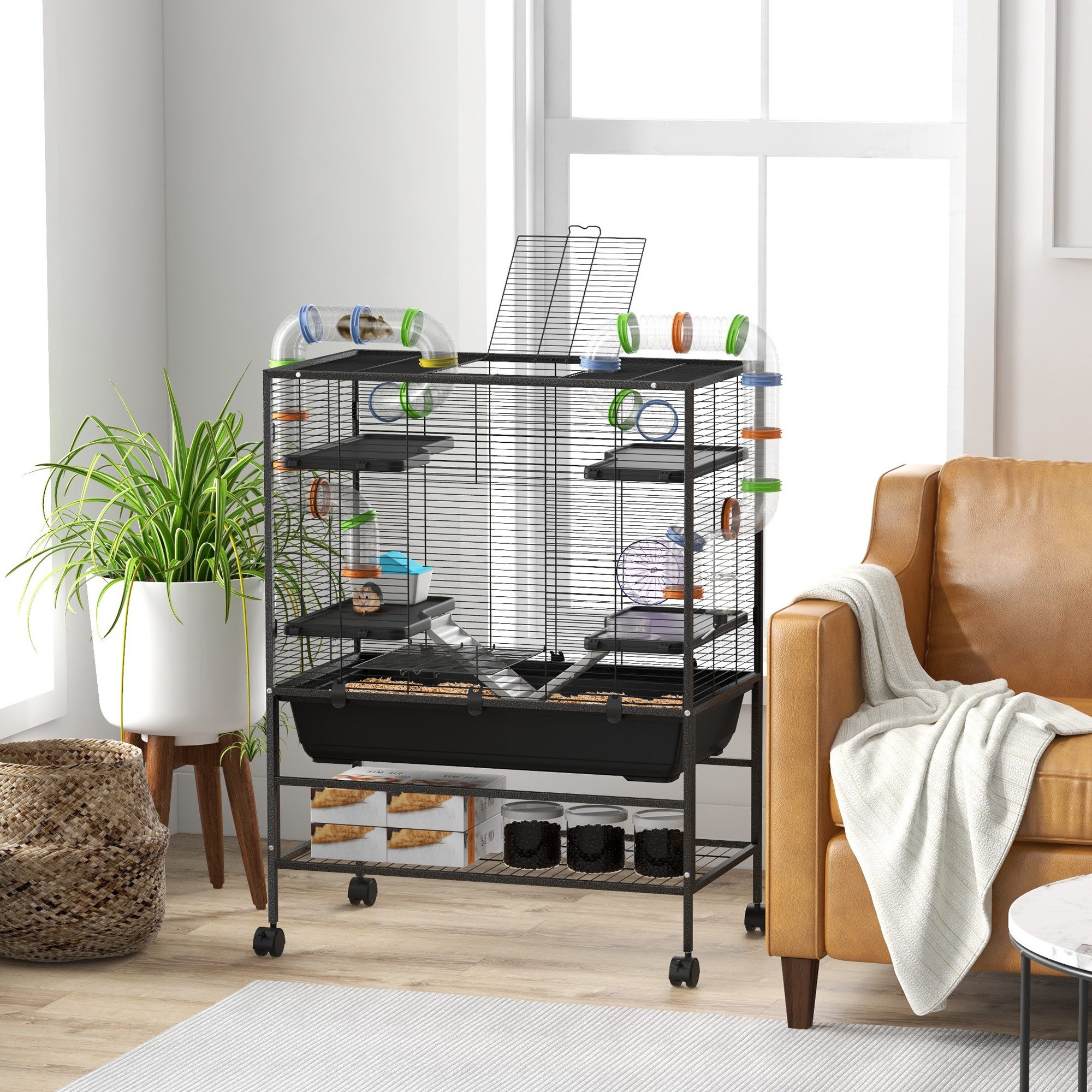 furnicato Kleintierkäfig Geräumiger Nagerkäfig 82L x 46B x 109H cm in Schwarz, Hamsterkäfig mit bunten Röhren, Laufrad, Ablage und vier Rollen