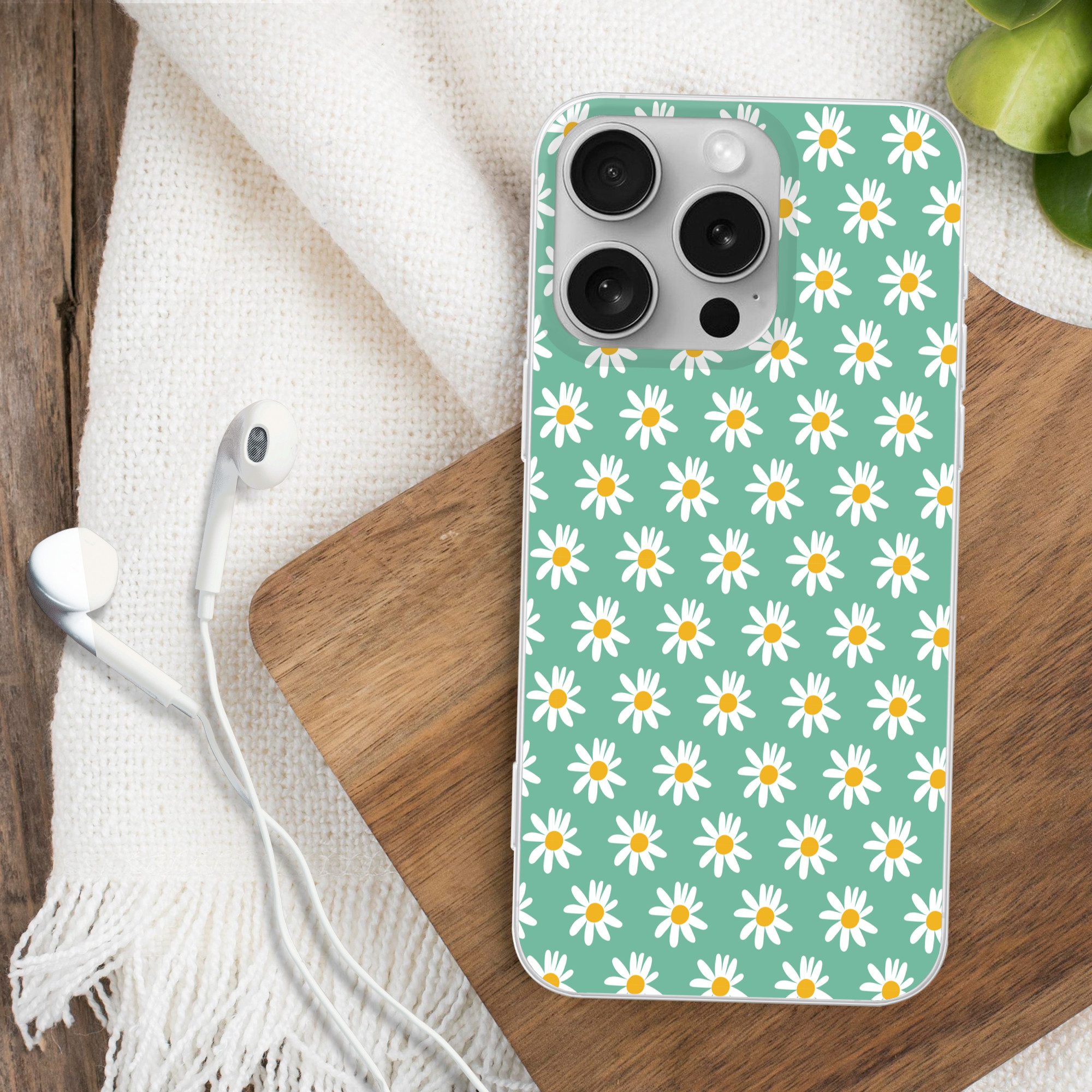 MuchoWow Handyhülle für Apple iPhone 16 Pro Gänseblümchen - Muster - Grün - Blumen, Smartphone-Bumper, Print, Handy Schutzhülle Dünn
