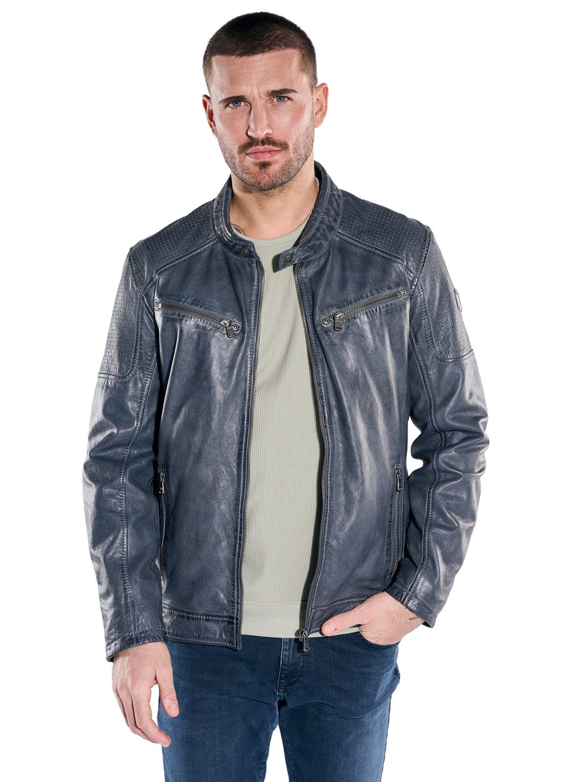 emilio adani Lederjacke Herren Lederjacke, Mittelblau