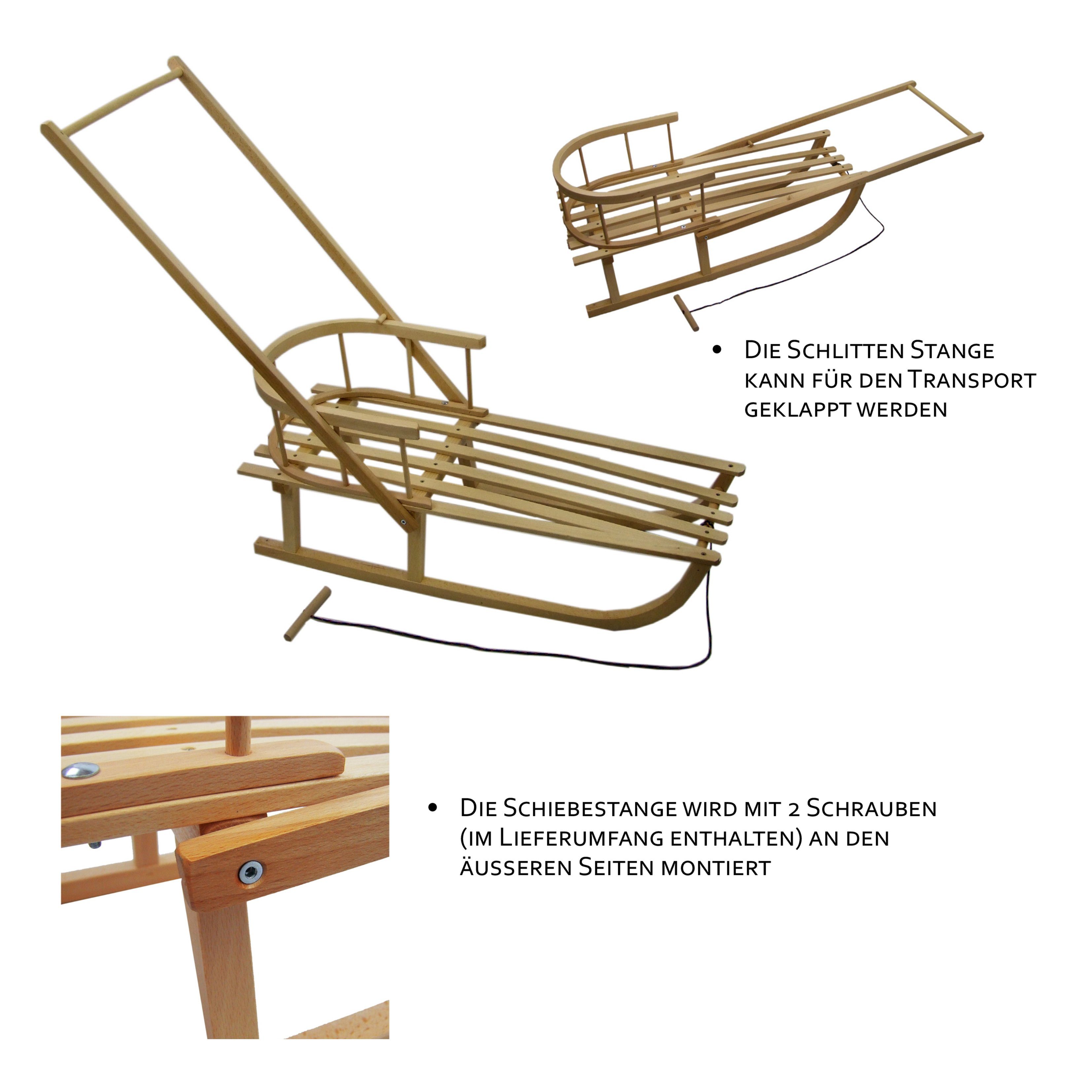 BambiniWelt by Rafael K. Davoser Schlitten CE-Holzschlitten mit Rückenlehne + Schiebestange Kinder Schlitten 90cm
