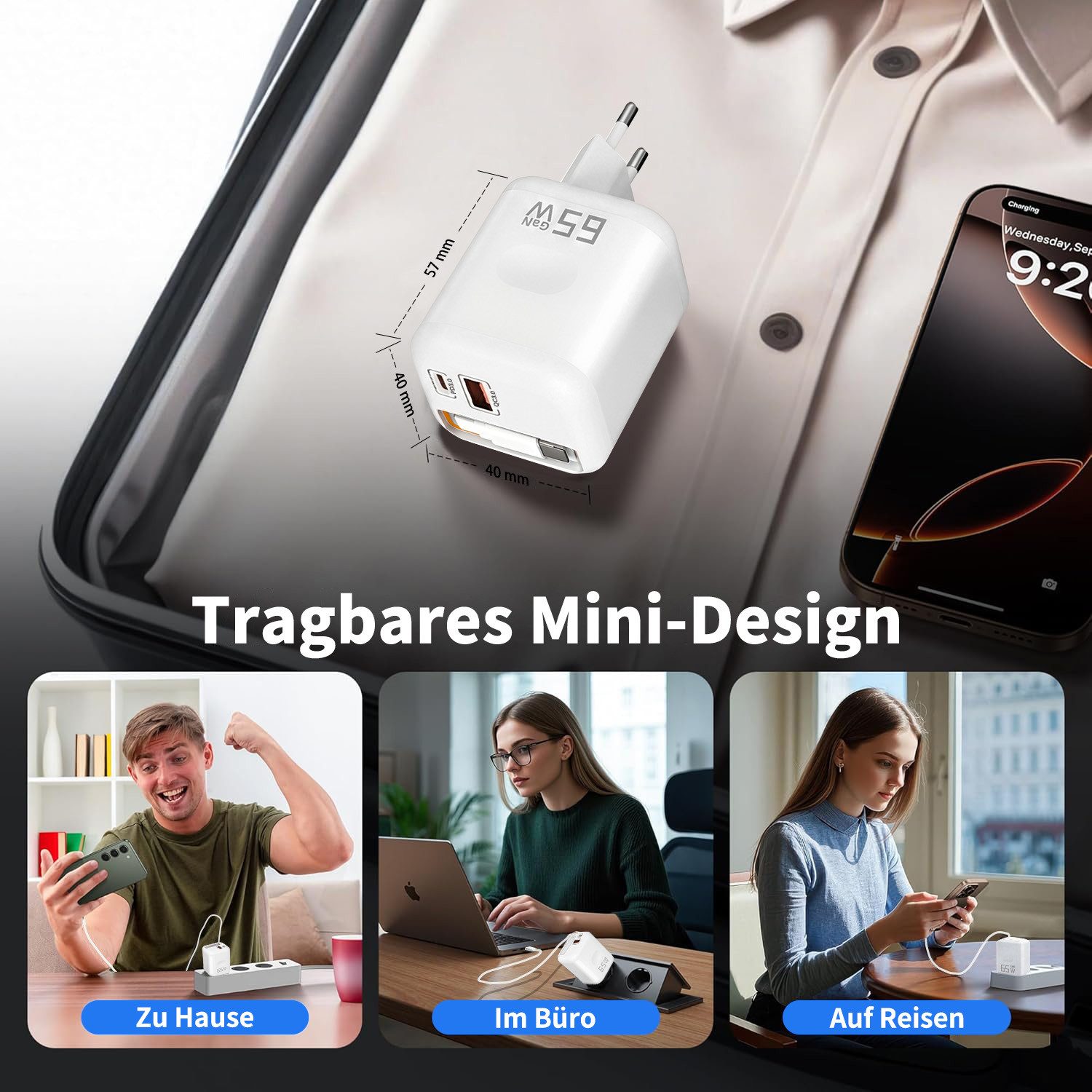 SWGOTA 2026 Neues 65W GaN 3-Port USB C Ladegerät mit Einziehbarem Kabel USB-Ladegerät (65W Schnellladegerät, 3-in-1 USB Netzteil, PD 3.0 Power Adapter, Unterstü – Bild 5 von 5