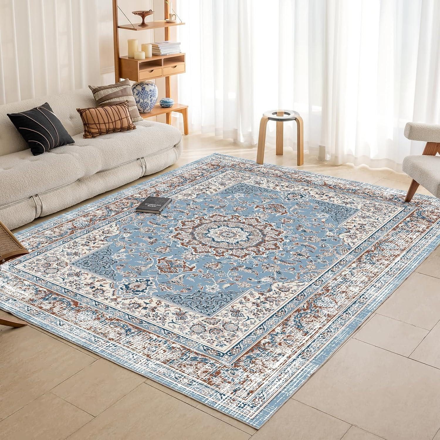 Teppich Großer Boho Teppich 200x290cm Kurzflor Blau Vintage rutschfest