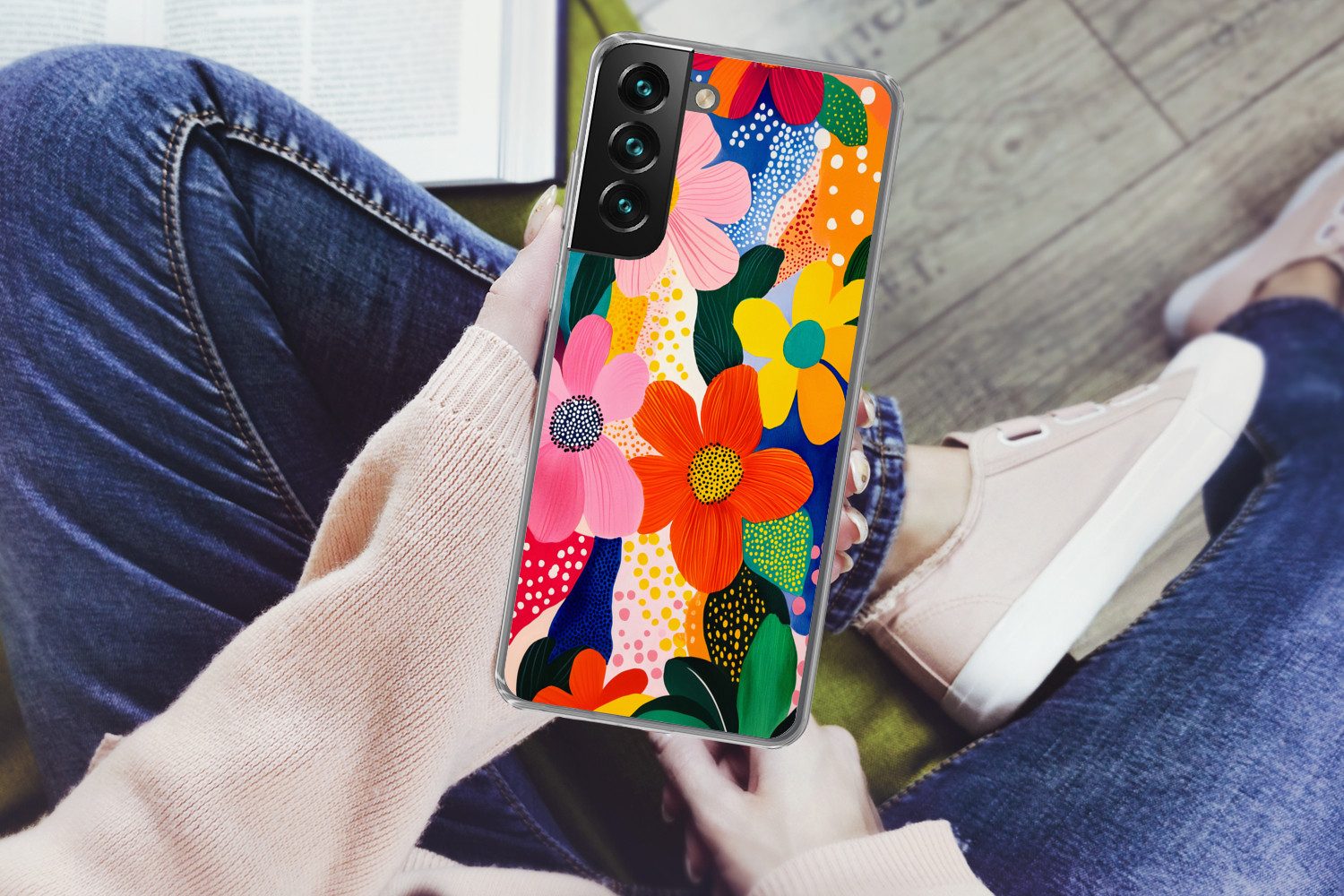 MuchoWow Handyhülle für Samsung Galaxy S22 Plus Blumen - Bunt - Tupfen, Phone Case, Silikon, Schutzhülle Dünn