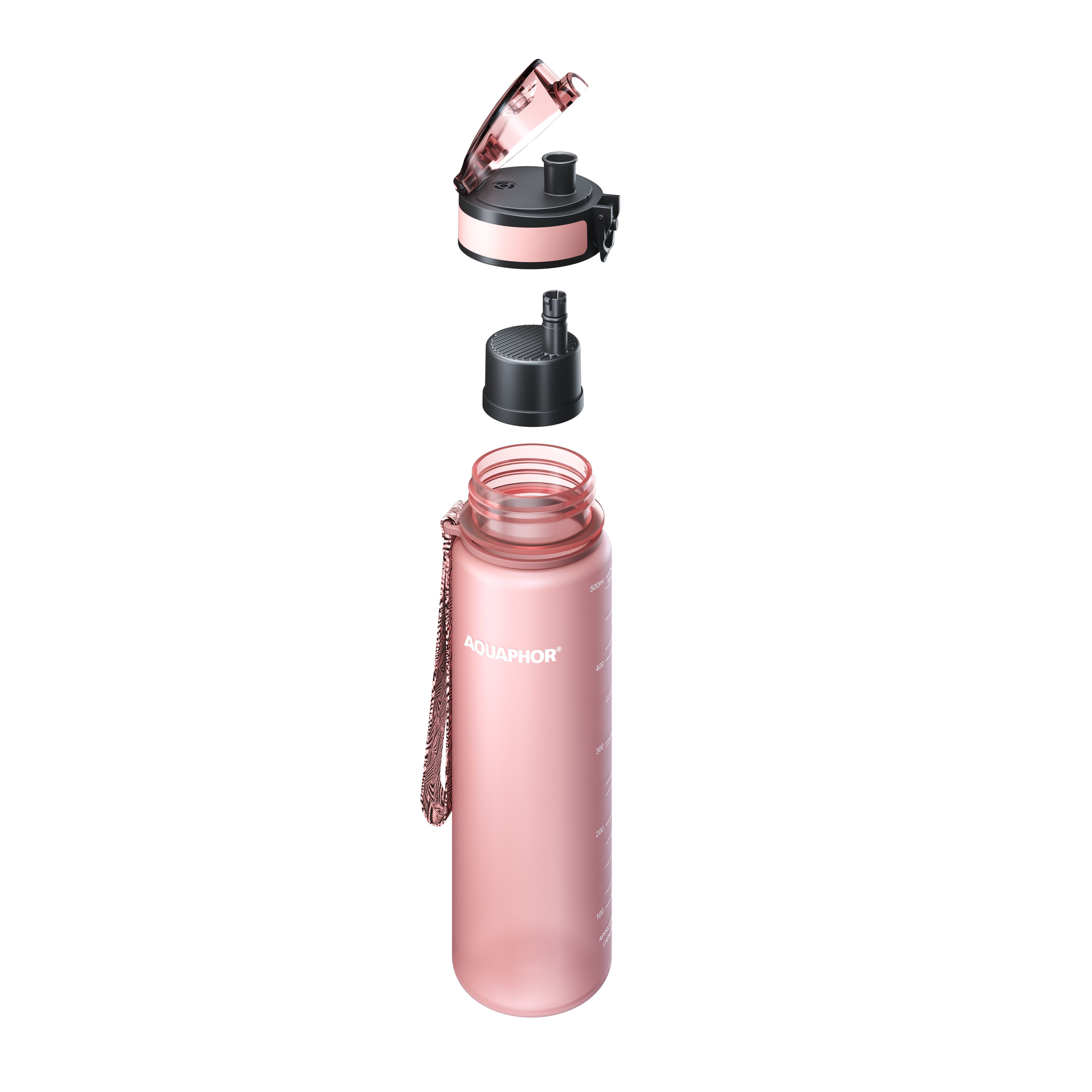 AQUAPHOR Trinkflasche CITY Flasche mit Wasserfilter für unterwegs, 500ml. I, /Filter mit Aktivkohle I Aus Tritan & BPA-frei I puderrosa