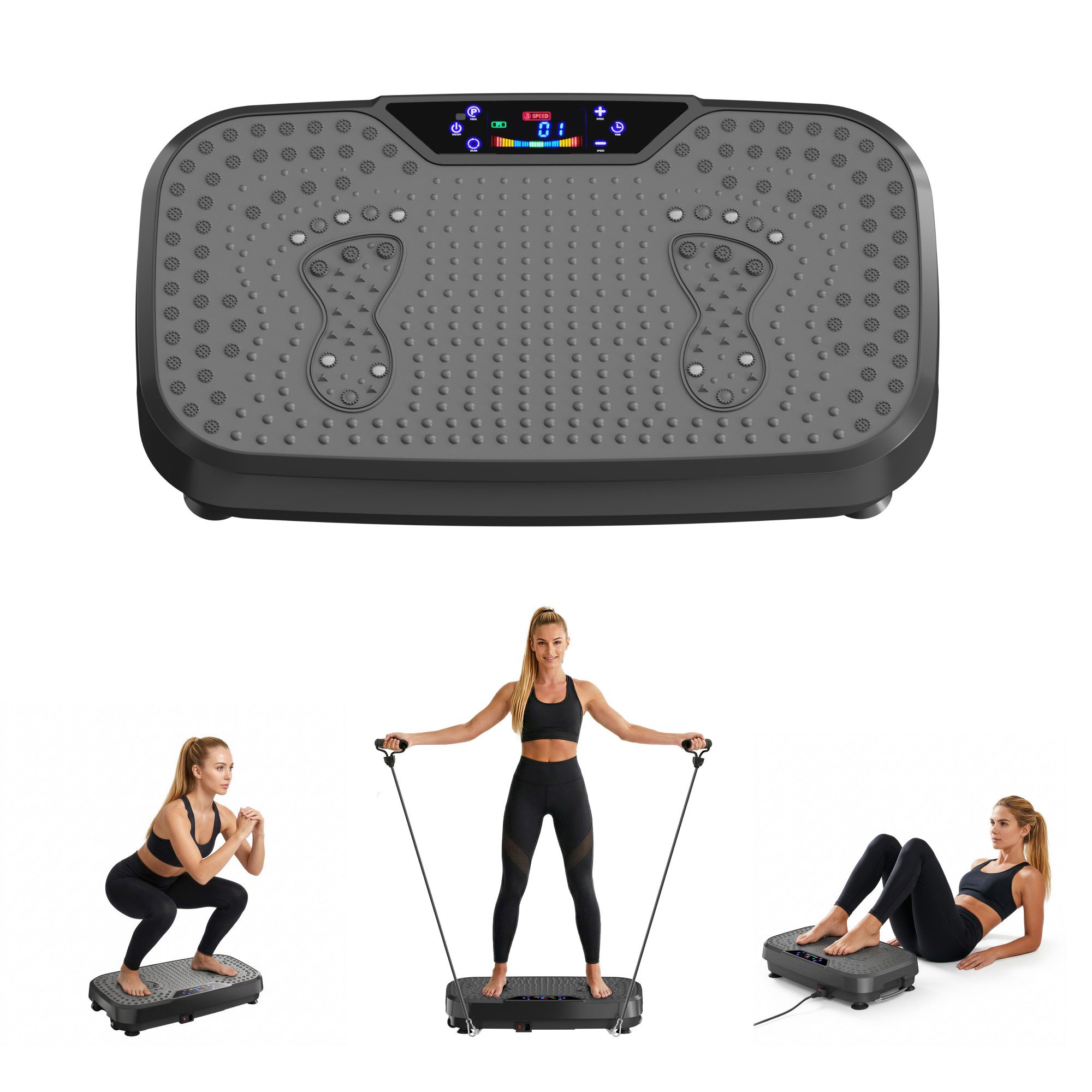 FLEXISPOT Vibrationsplatte Fitness-Vibrationsgerät mit Widerstandsbändern für Ganzkörpertraining, 150 W, 120 Intensitätsstufen, 4 Modi, 120kg Belastbar,inkl. 2 Widerstandsbänder, 1 Fernbedienung