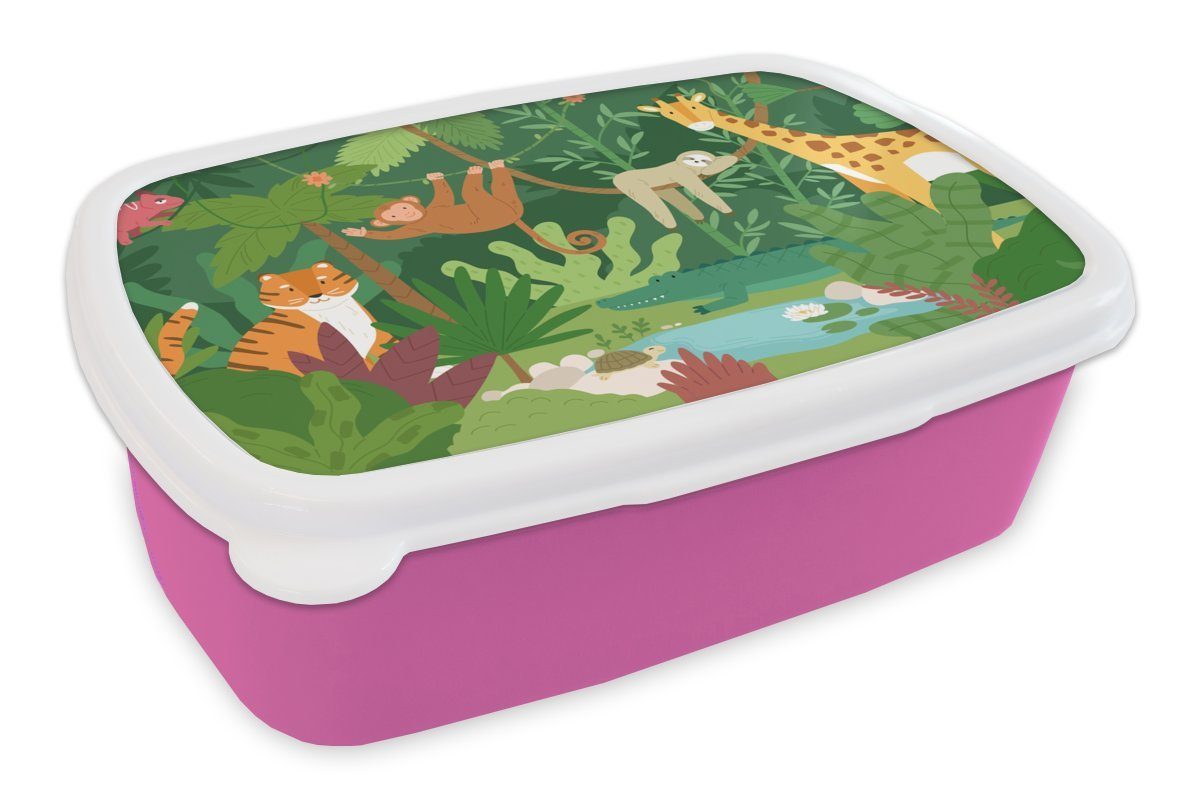 MuchoWow Lunchbox Dschungel - Tiere - Natur, Kunststoff, (2-tlg), Brotbox für Erwachsene, Brotdose Kinder, Snackbox, Mädchen, Kunststoff rosa