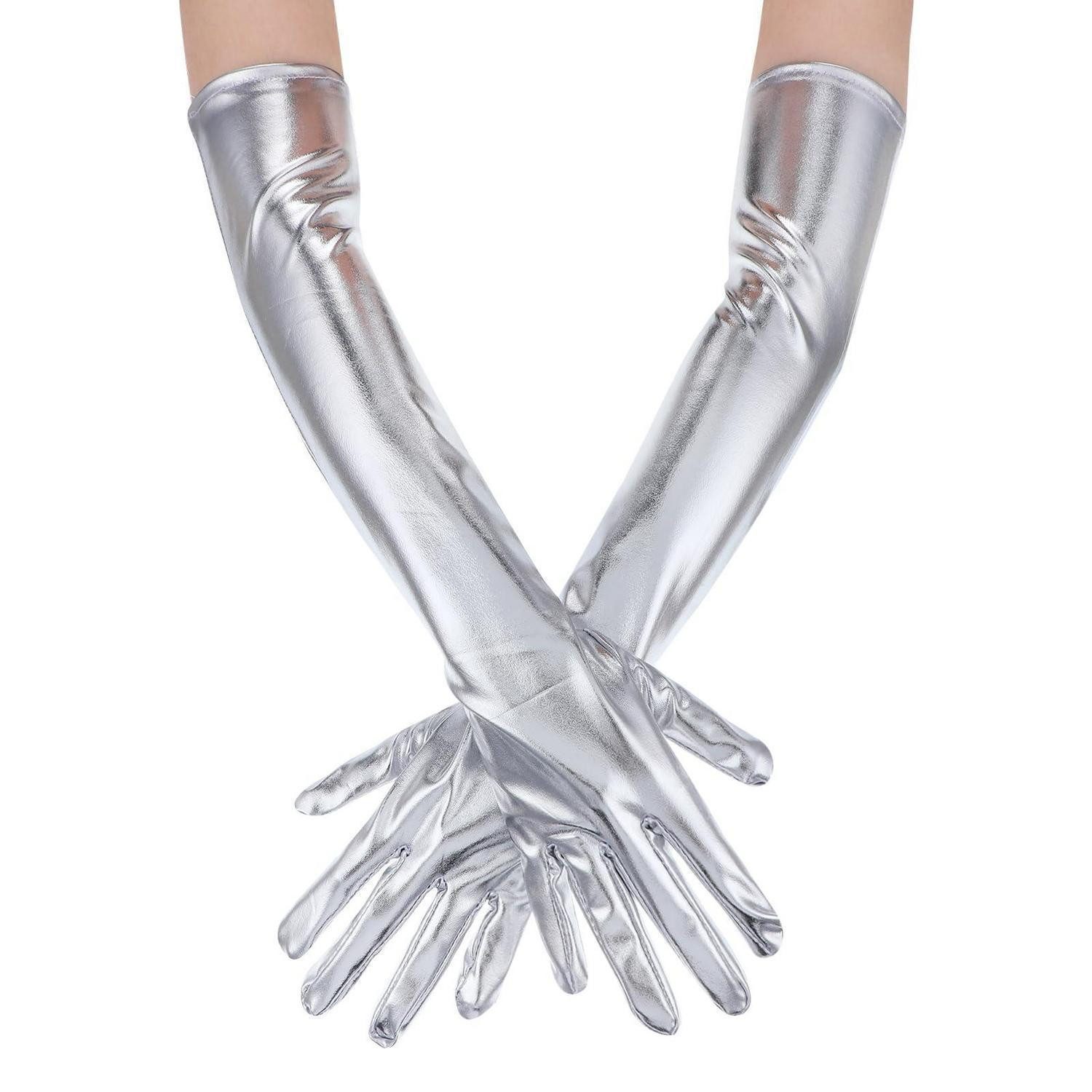 LuxusKollektion Abendhandschuhe Handschuhe Lang Silber Lackleder Optik Ellenbogenlaenge Damen (1-St)