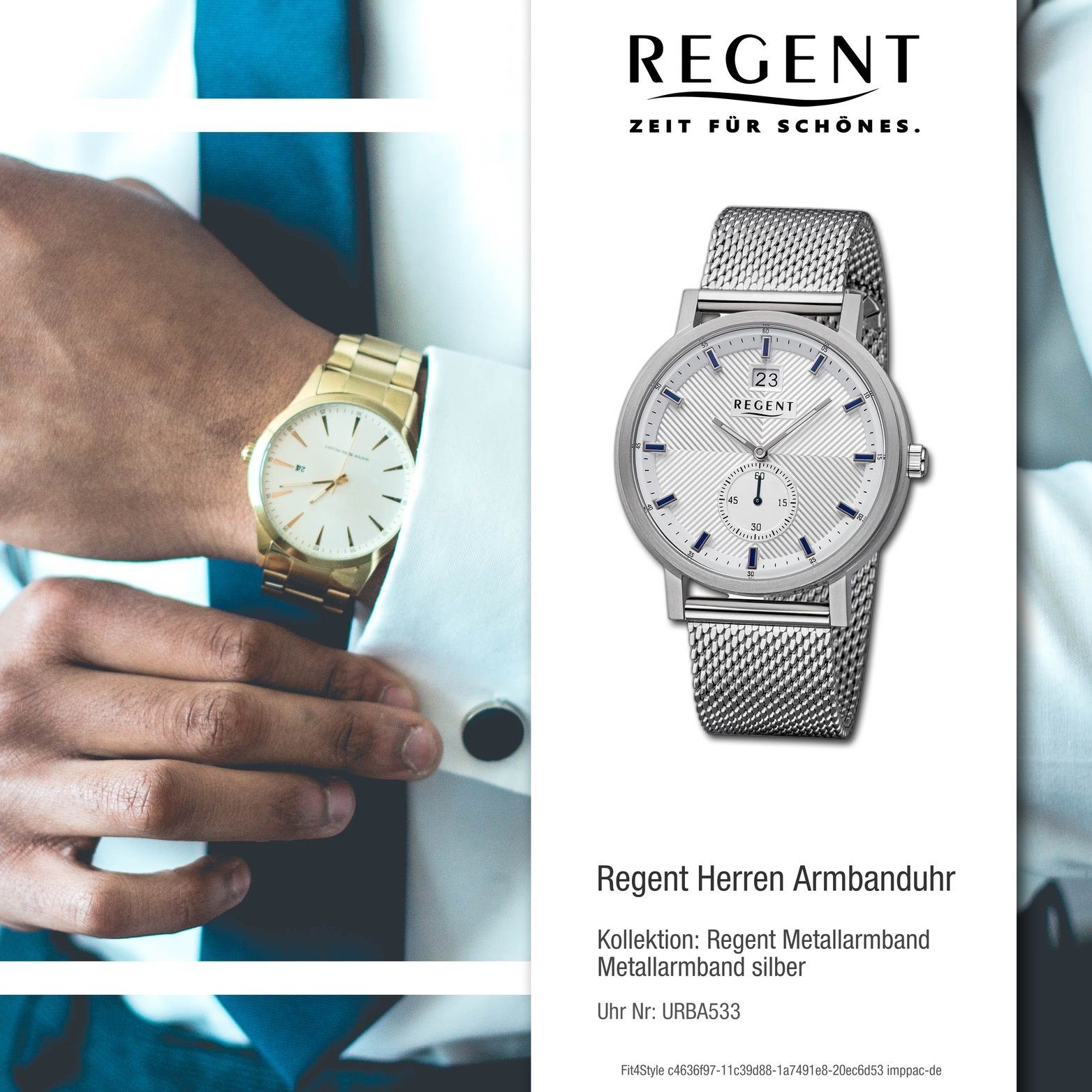 groß Analog, Herrenuhr rundes Armbanduhr Herren extra silber, Gehäuse, Regent 39mm) (ca. Regent Metallarmband Quarzuhr