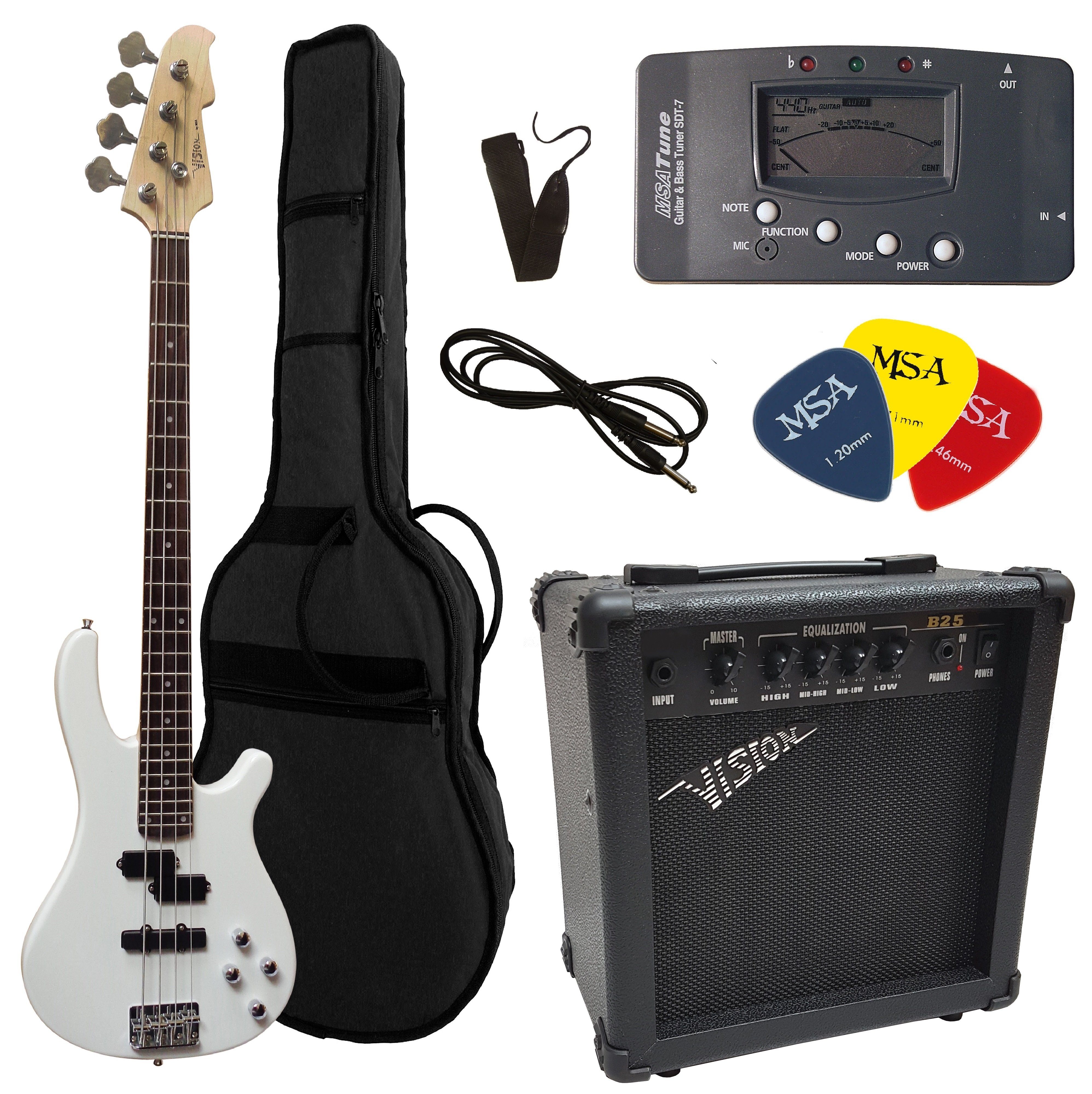 MSA E-Bass Set Elektrobass im 30 Watt Set, Gigbag, Band, Stimmgerät, Pleks, E-Bass JB