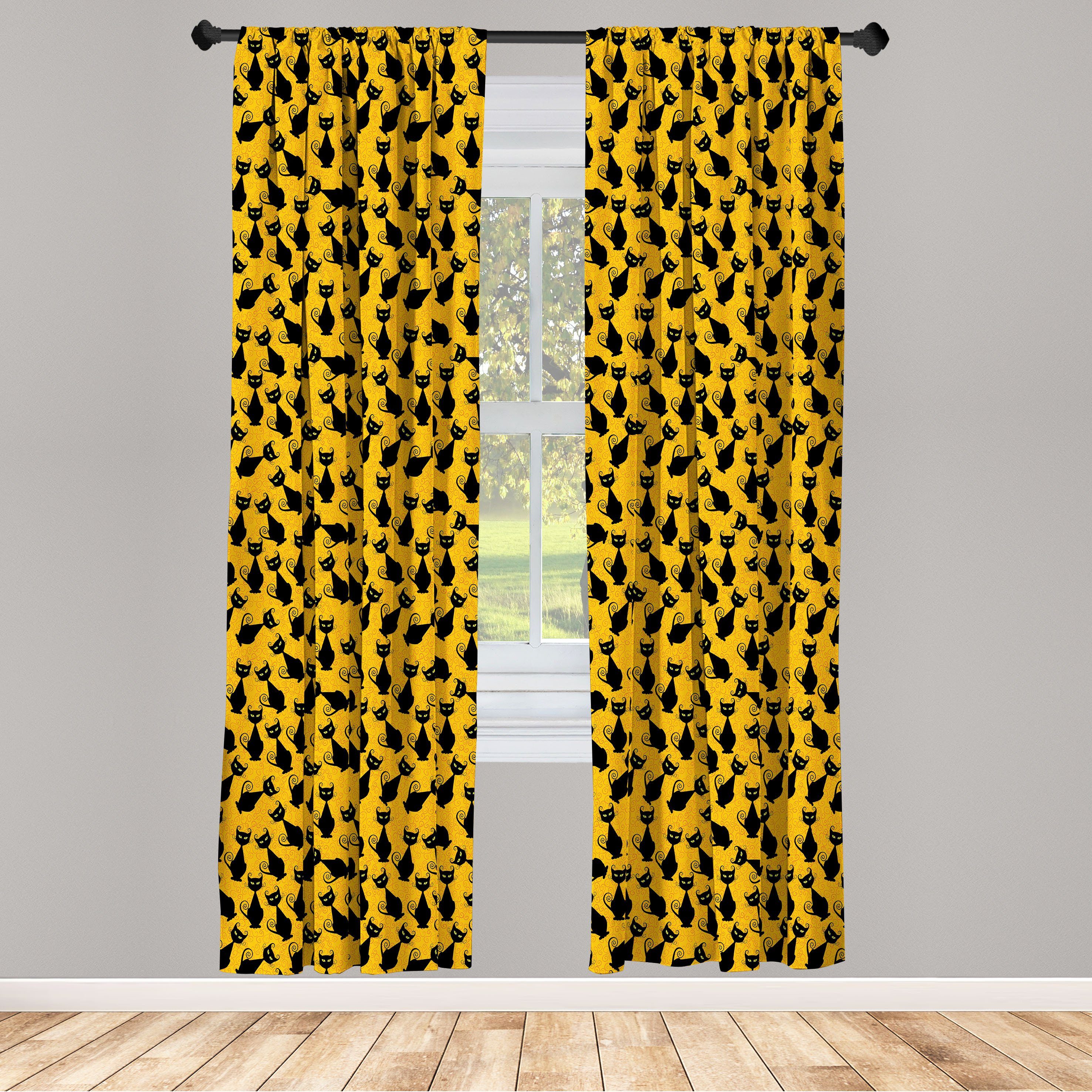 Gardine Vorhang für Wohnzimmer Schlafzimmer Dekor, Abakuhaus, Microfaser, Halloween Schwarze Katzen-Vintage | Fertiggardinen