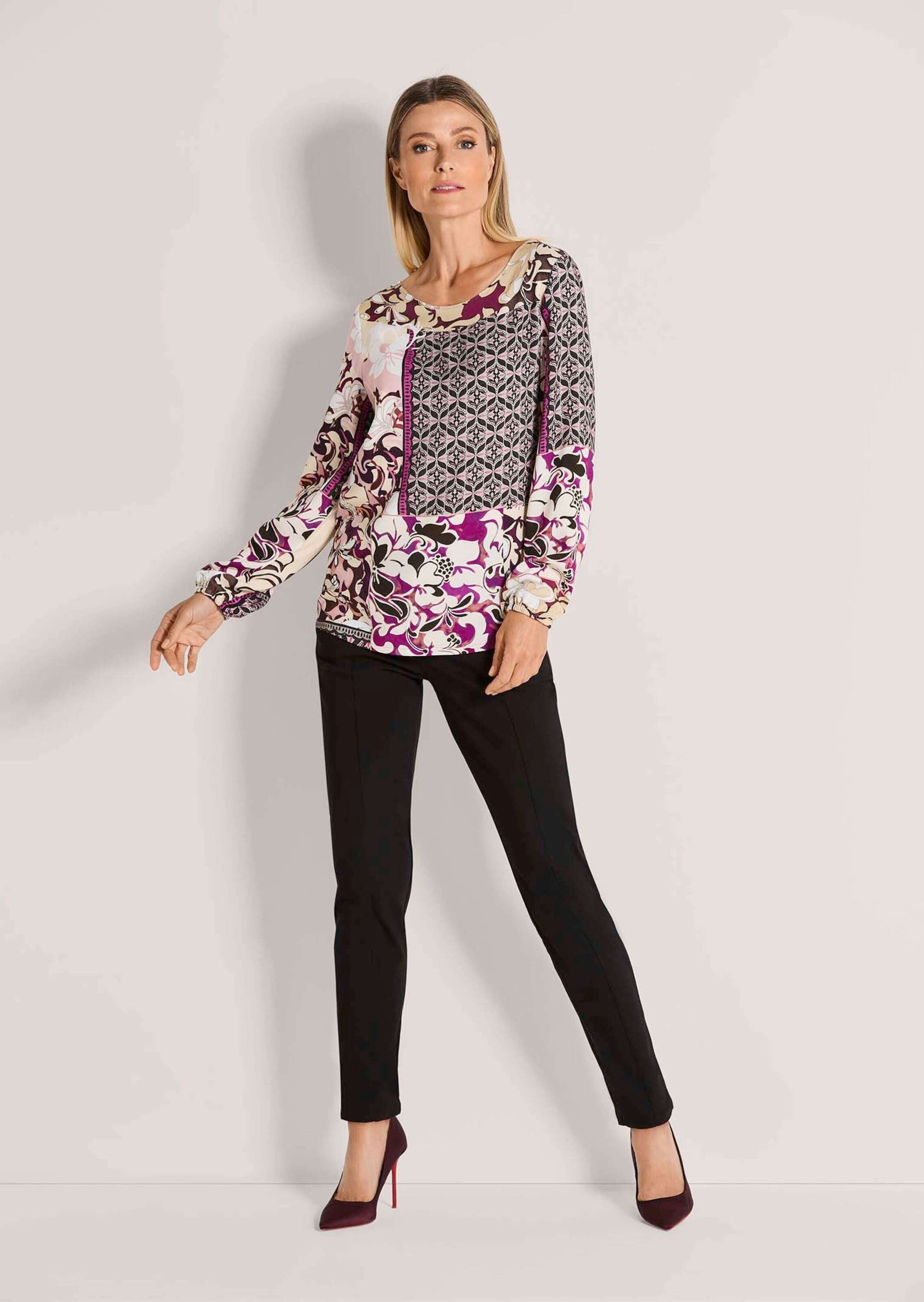 MADELEINE Schlupfbluse Viskosebluse mit floralem Muster-Mix Fließende Freizeitbluse mit Rundhals, Gummibündchen und Langarm