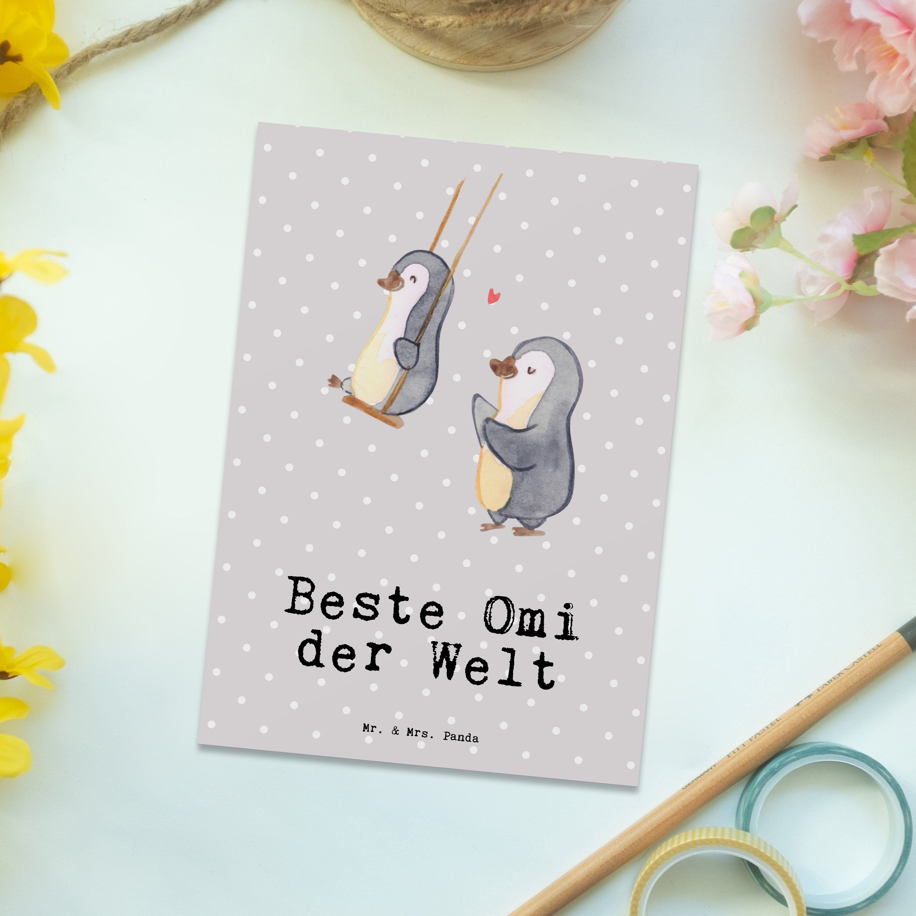 Grußkarte, der Postkarte Beste Mrs. Welt Mr. Omi Panda - Geschenk, Pinguin Pastell Dank & - Grau