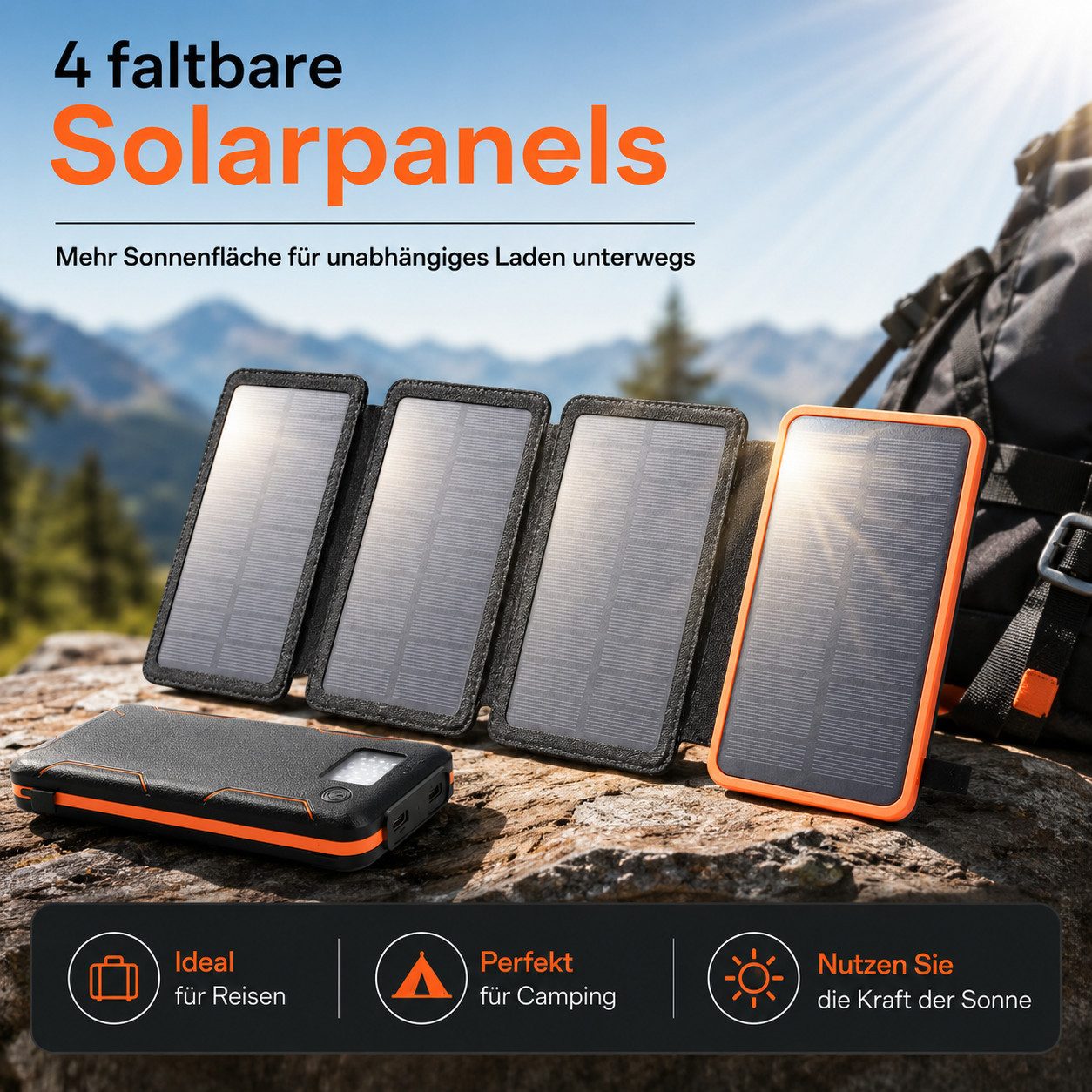 Goldstern-Tech SolarPower 38K Solar Powerbank 15W Schnellladefunktion 36800 mAh, 4 faltbaren Solarpanels, QC 3.0 Schnellladefunktion, USB-C Anschluss