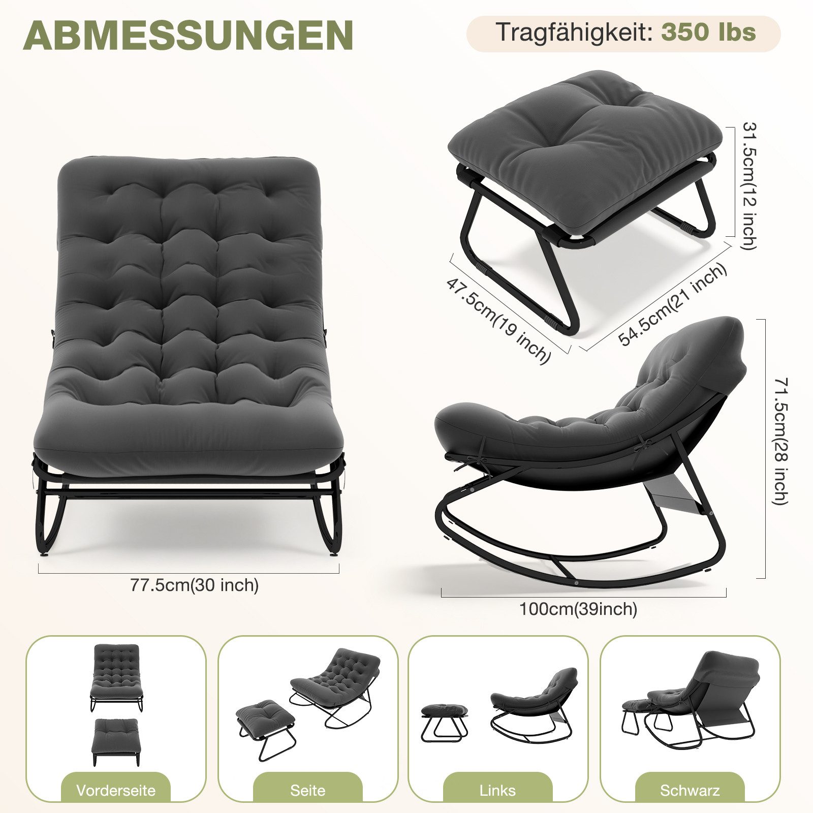 AOXUN Schaukelstuhl Loungesessel Metall Schwarzgrau, mit Hocker – Bild 2 von 5
