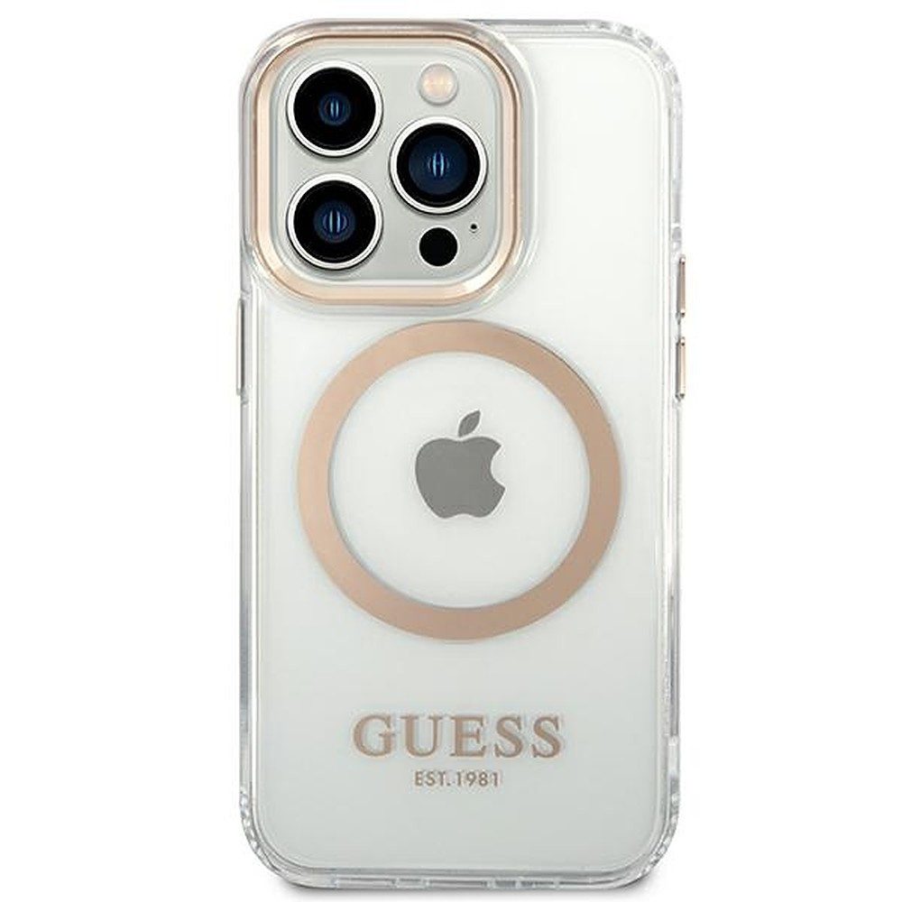 Guess Handyhülle Schutzhülle Handycover Magnetschale 6,1 Zoll, MagSafe, transparent, goldfarbener Rahmen