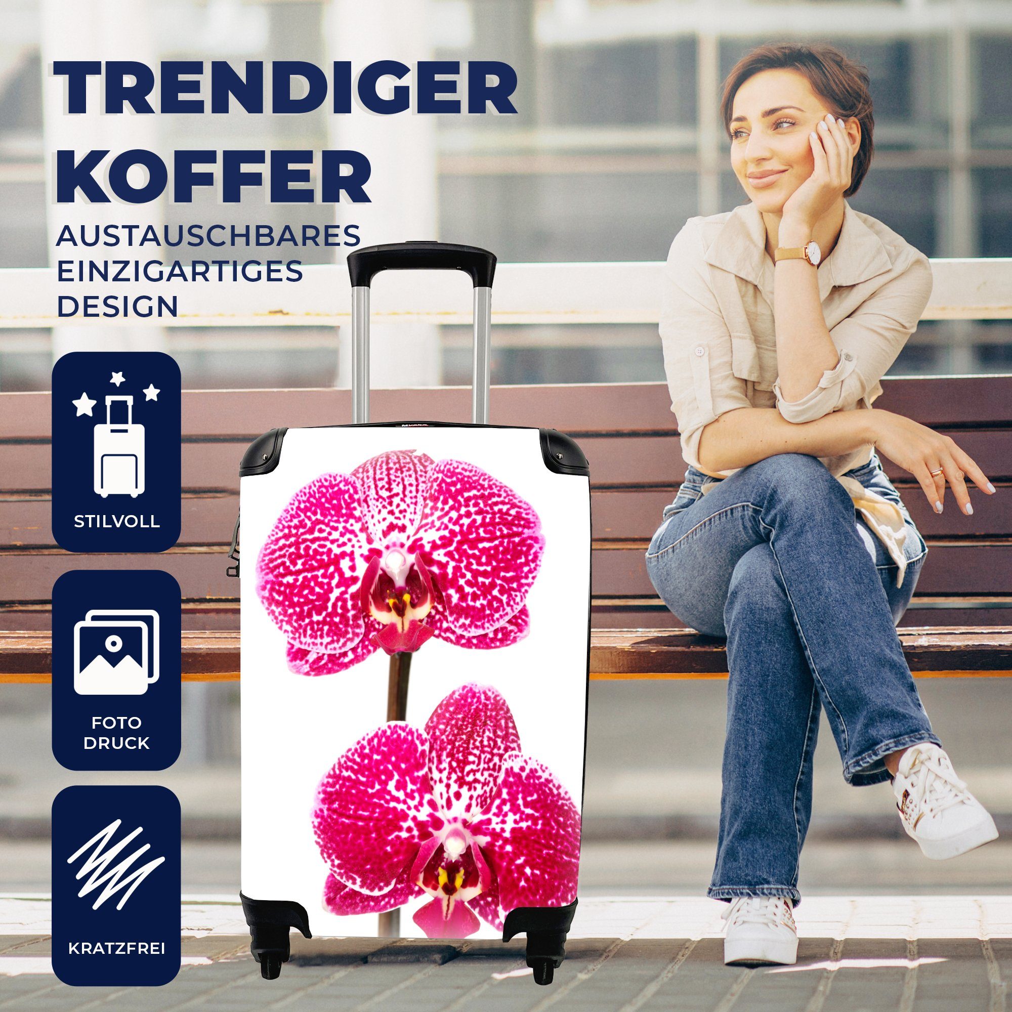 MuchoWow Handgepäckkoffer Orchidee mit für 4 rollen, Ferien, Rollen, Handgepäck Trolley, Reisekoffer Reisetasche rosa