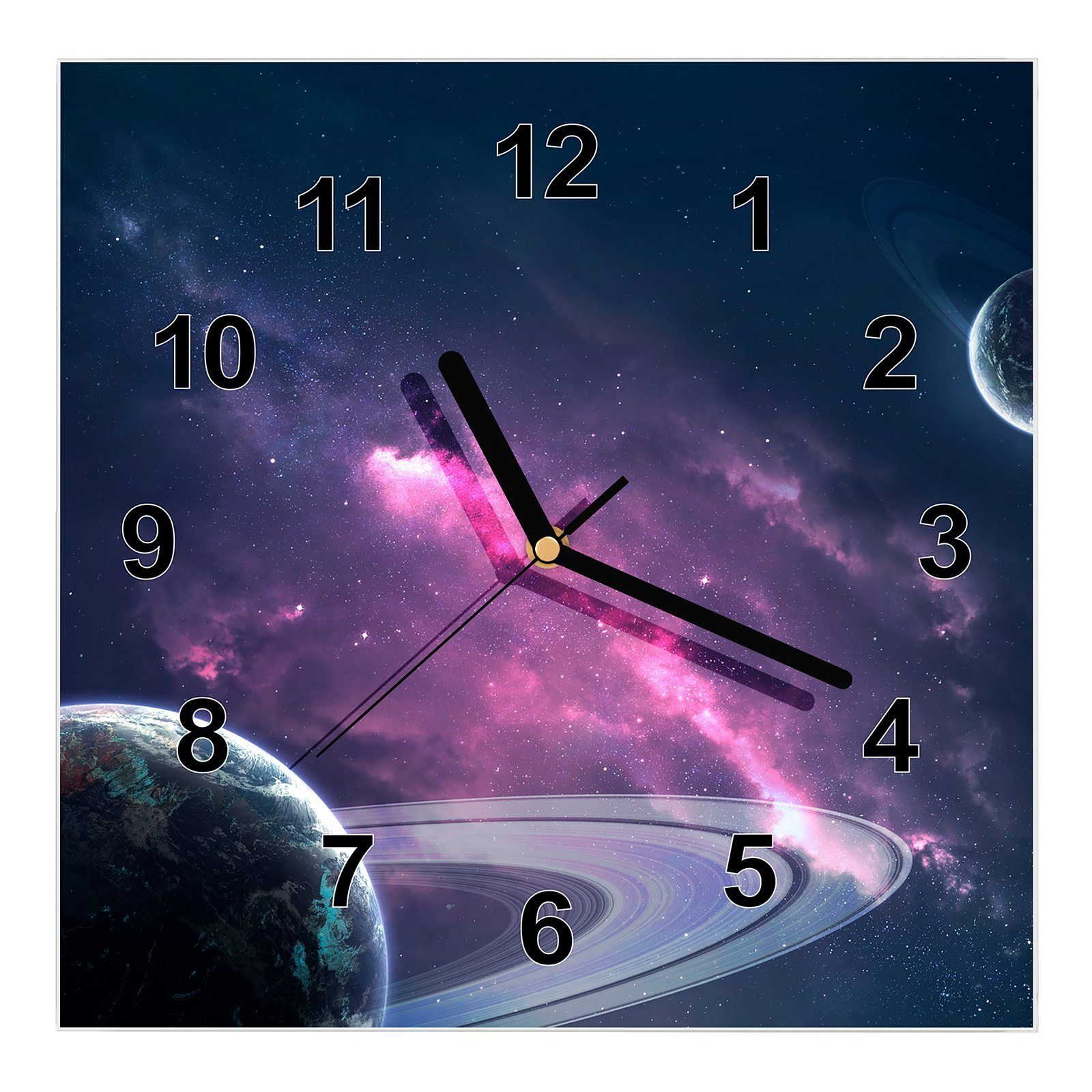 Primedeco Wanduhr Glasuhr Wanduhr Wandkunst Größe 30 x 30 cm mit Motiv Planeten und Wolken