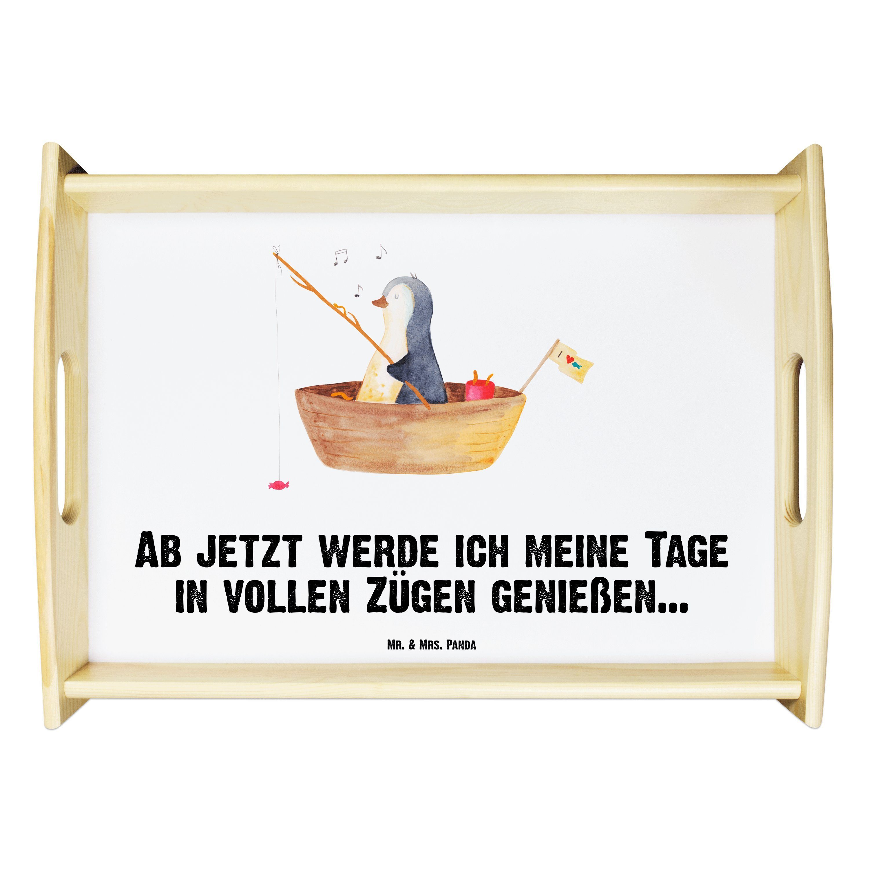 Mr. & Mrs. Panda Tablett Pinguin Angelboot - Weiß - Geschenk, Dekotablett, verträumt, Geschenk, Echtholz lasiert, (1-tlg)