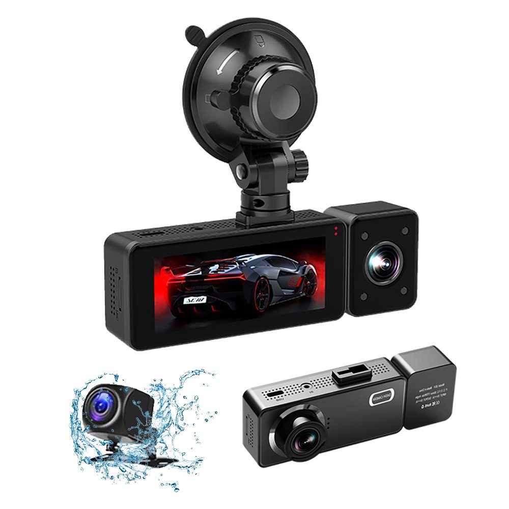 Tekoo Dashcam 3 Kanäle 2K Frontkamera, 24h Parküberwachung, 3,16 Zoll Dashcam (2K Quad HD (1440p), inkl. Rückkamera, Kfz-Ladekabel, Saugnapfhalterung, Klebepad, 360° drehbare Innenlinse, WDR Nachtsicht, USB-C, IPS)