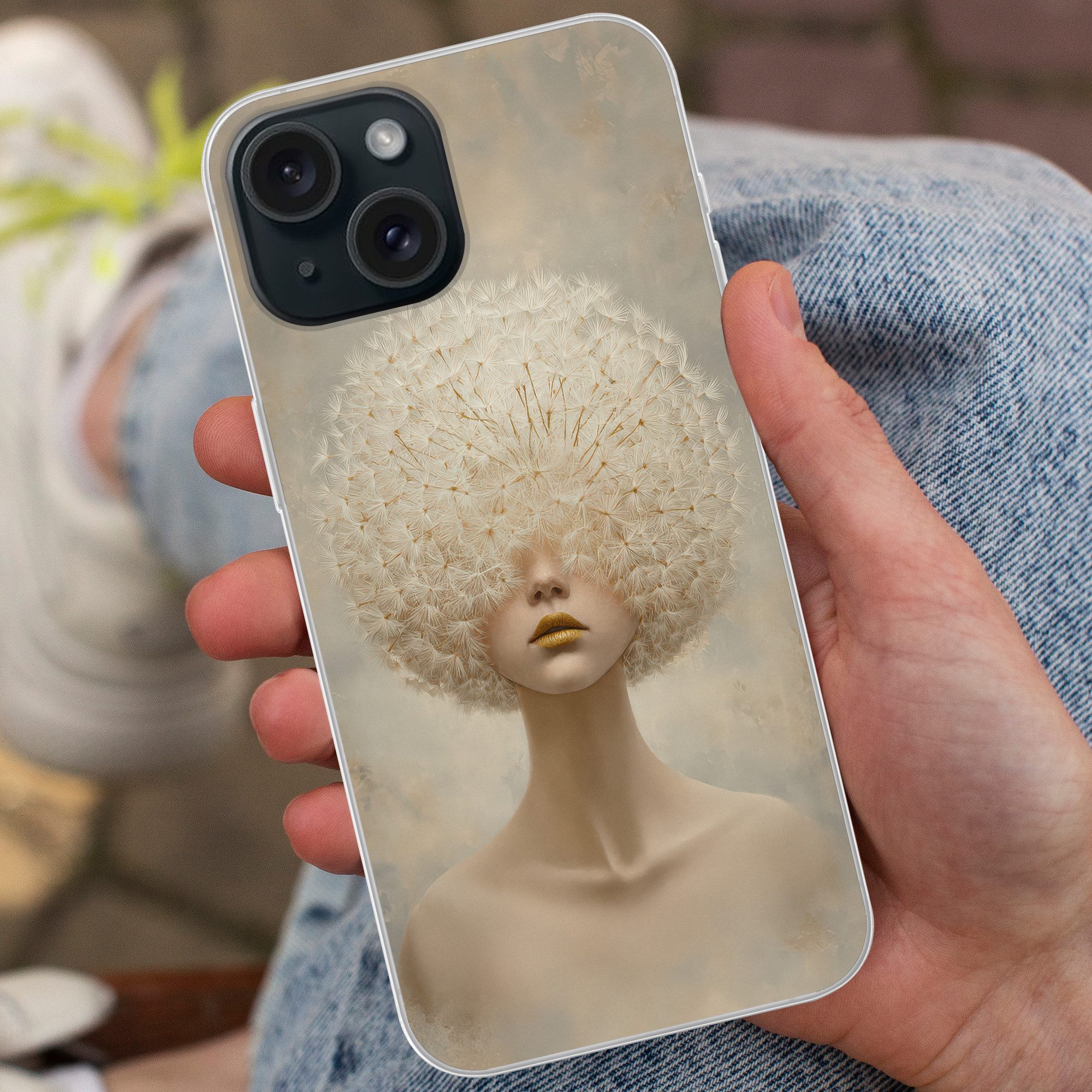 MuchoWow Handyhülle für Apple iPhone 15 Dreamy - Beige - Löwenzahnsamen, Smartphone-Bumper, Print, Handy Schutzhülle Dünn