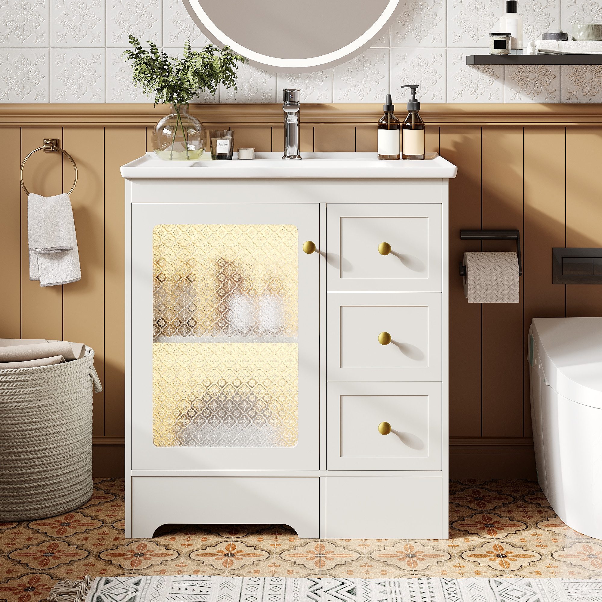 STILVORA Badkommode Waschtischunterschrank mit Waschbecken Badmöbel mit Fußstütze (Badezimmerwaschtisch mit Hocker, mit Keramikbecken,LED (APP),MDF+Glas, Goldgriffe,mit Stauraum & Hocker), 2-in-1 Hocker (Tritt & WC), LED RGB, Soft-Close, platzsparend