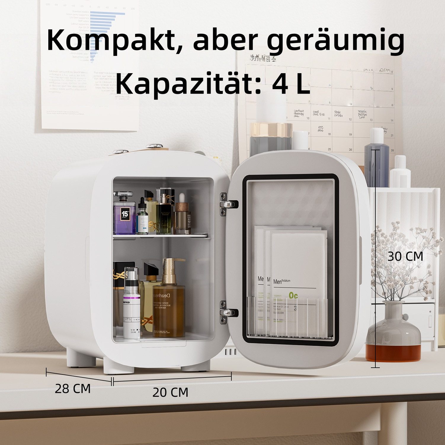 DOVAMAN Kühlbox 4L Mini Kosmetik Kühlschrank mit LED-Spiegel, 4 l, Kühl & Heizfunktion, für Schlafzimmer, Büro & Auto