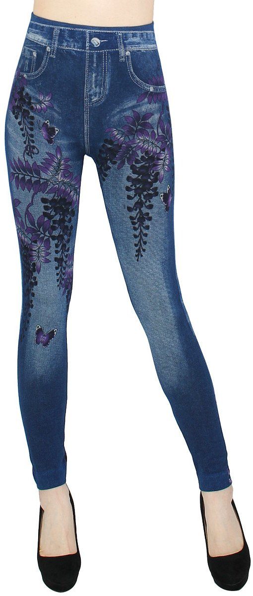 dy_mode Thermoleggings Thermo Leggings Damen Jeggings Gefüttert Thermoleggings Jeans-Optik mit elastischem Bund, Geblümt, mit Innenfutter WL120-ViolettButterfly | Stretchhosen