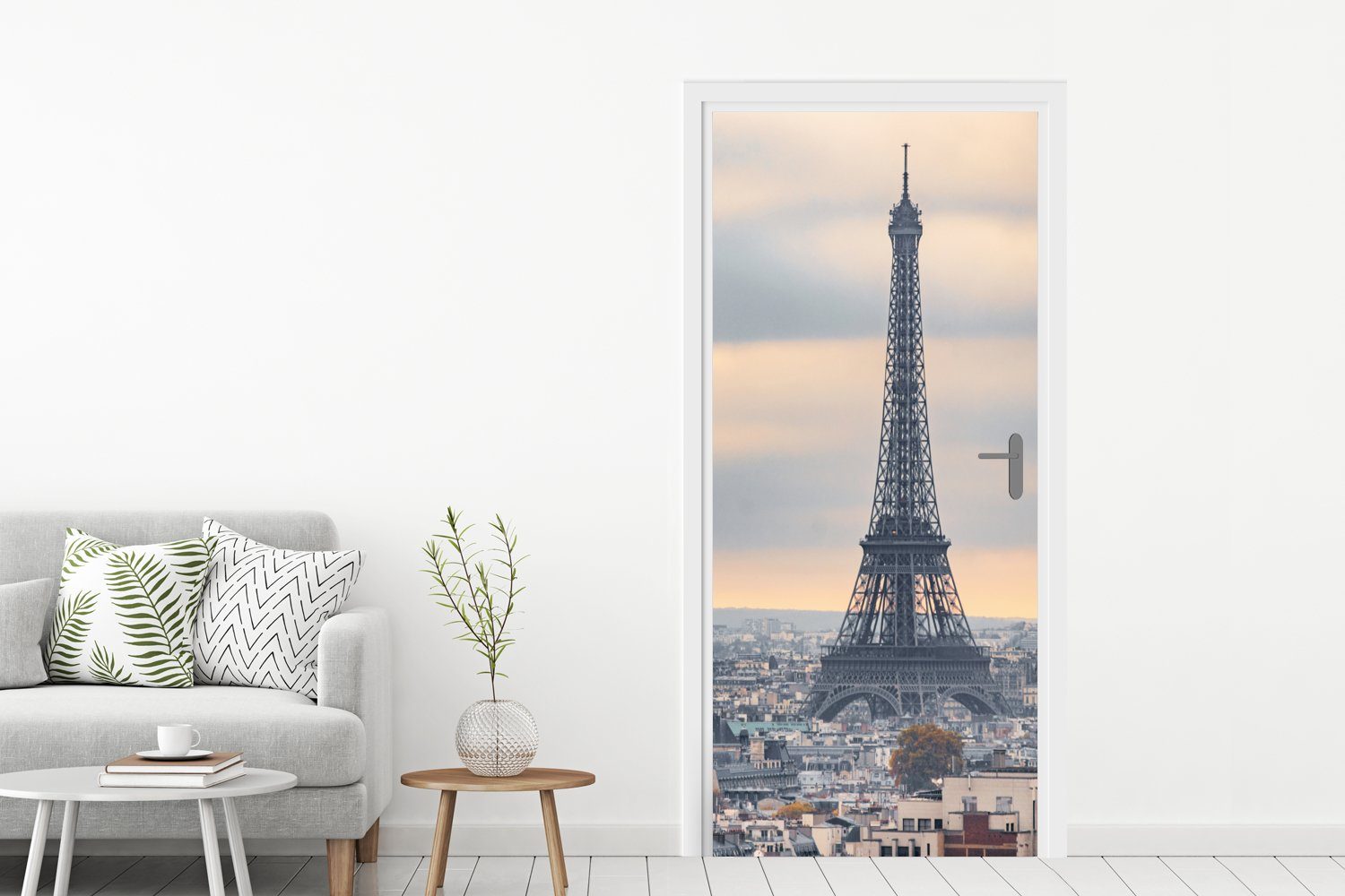 Tür, - bedruckt, Türaufkleber, Himmel, Fototapete 75x205 cm Eiffelturm Paris Türtapete MuchoWow St), für - Matt, (1