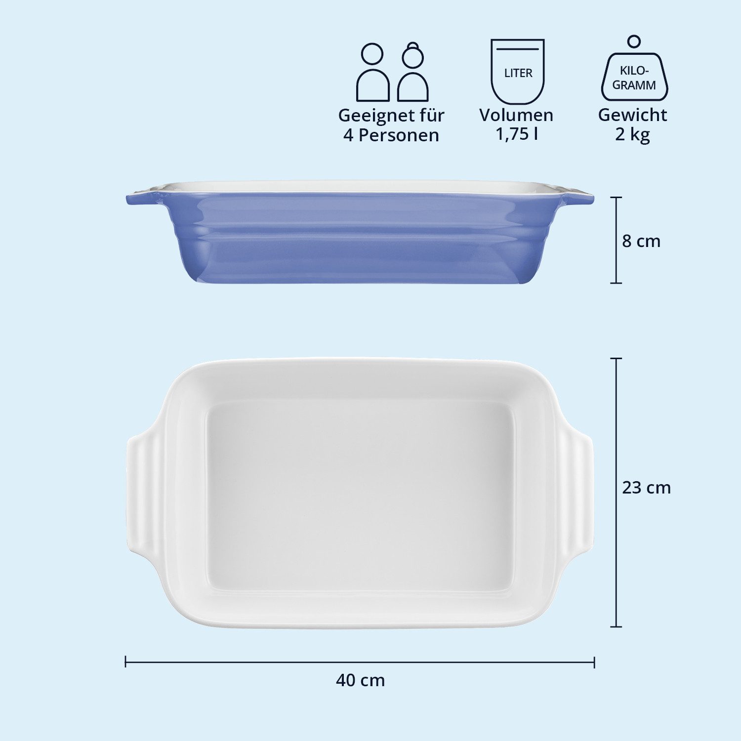 KHG Auflaufform groß 40 cm Hellblau für 4-6 Personen, Steingut, (1-St), Antihaft (mit Emaile glasiert)