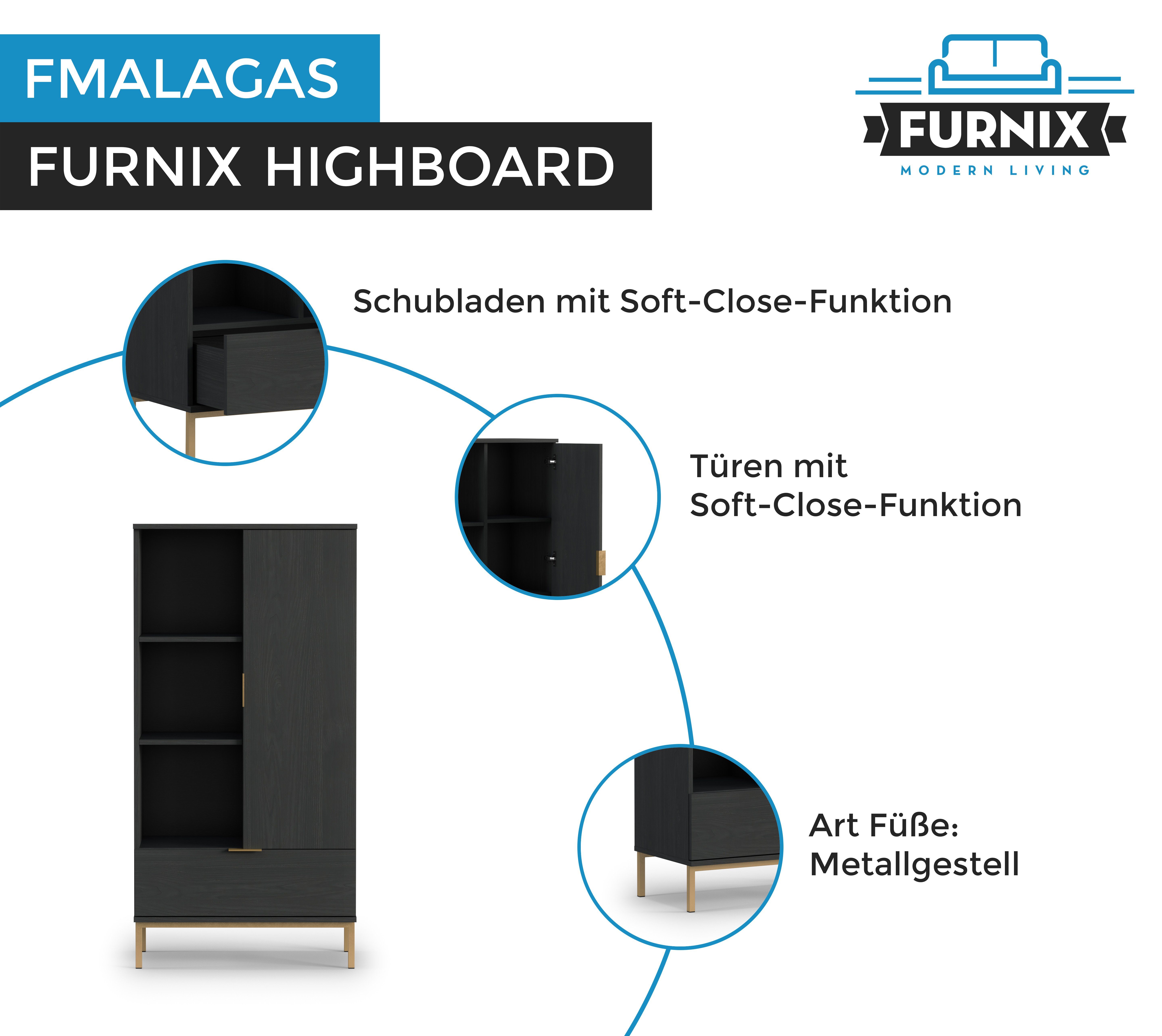 Furnix Glasvitrine FMALAGAS R70 Highboard T41 Tür Metallgestell in schwarz Marineblau Altgoldoptik Portlandsche B70 H140 cm, oder Schublade Schwarz x mit x