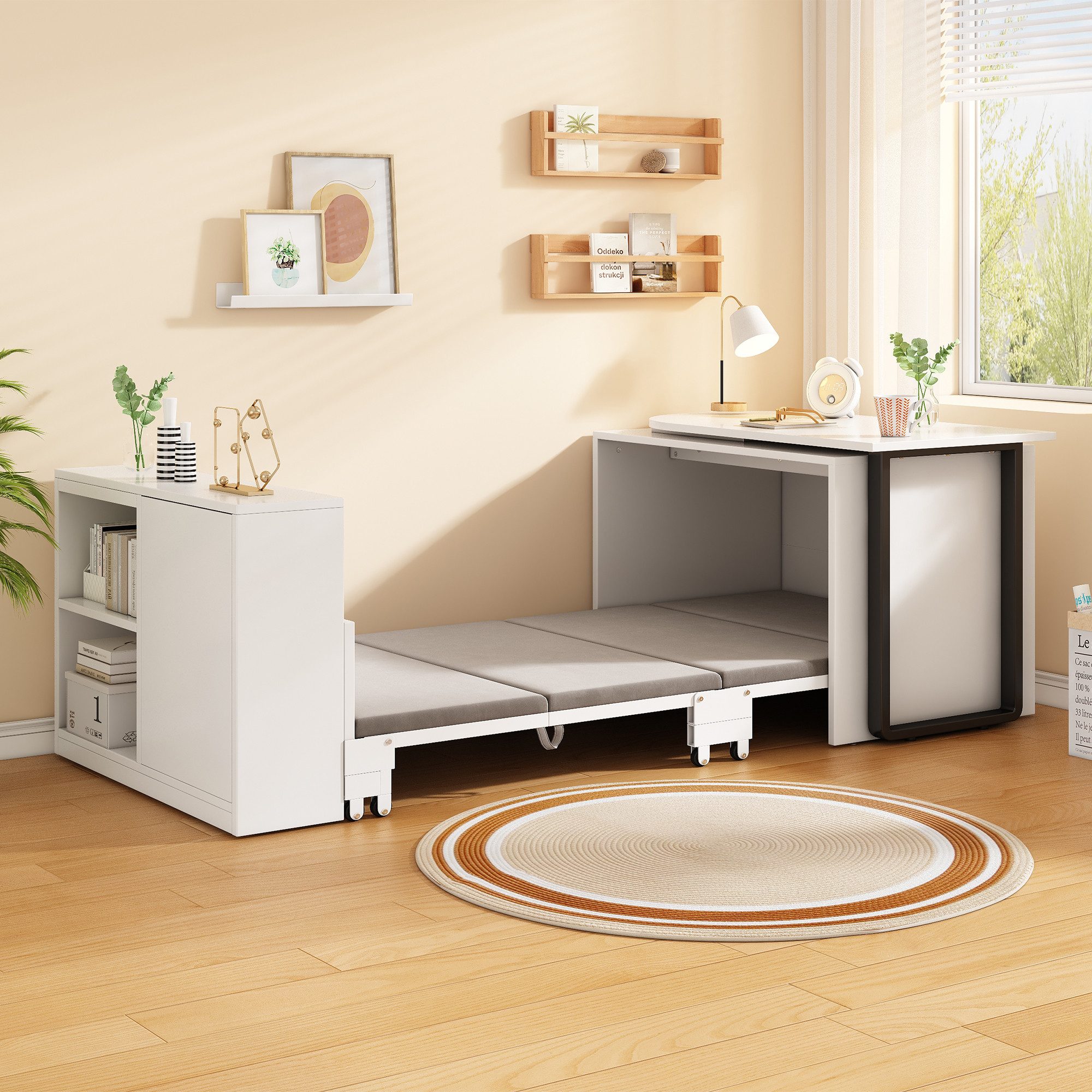 Merax Schreibtisch 2-in-1 Eckschreibtisch auf Rollen, mit Klappbett, Matratze (1-St., Metallgestell Bürotisch für kleine Wohnungen), Schreibtisch mit 2 Staufächer