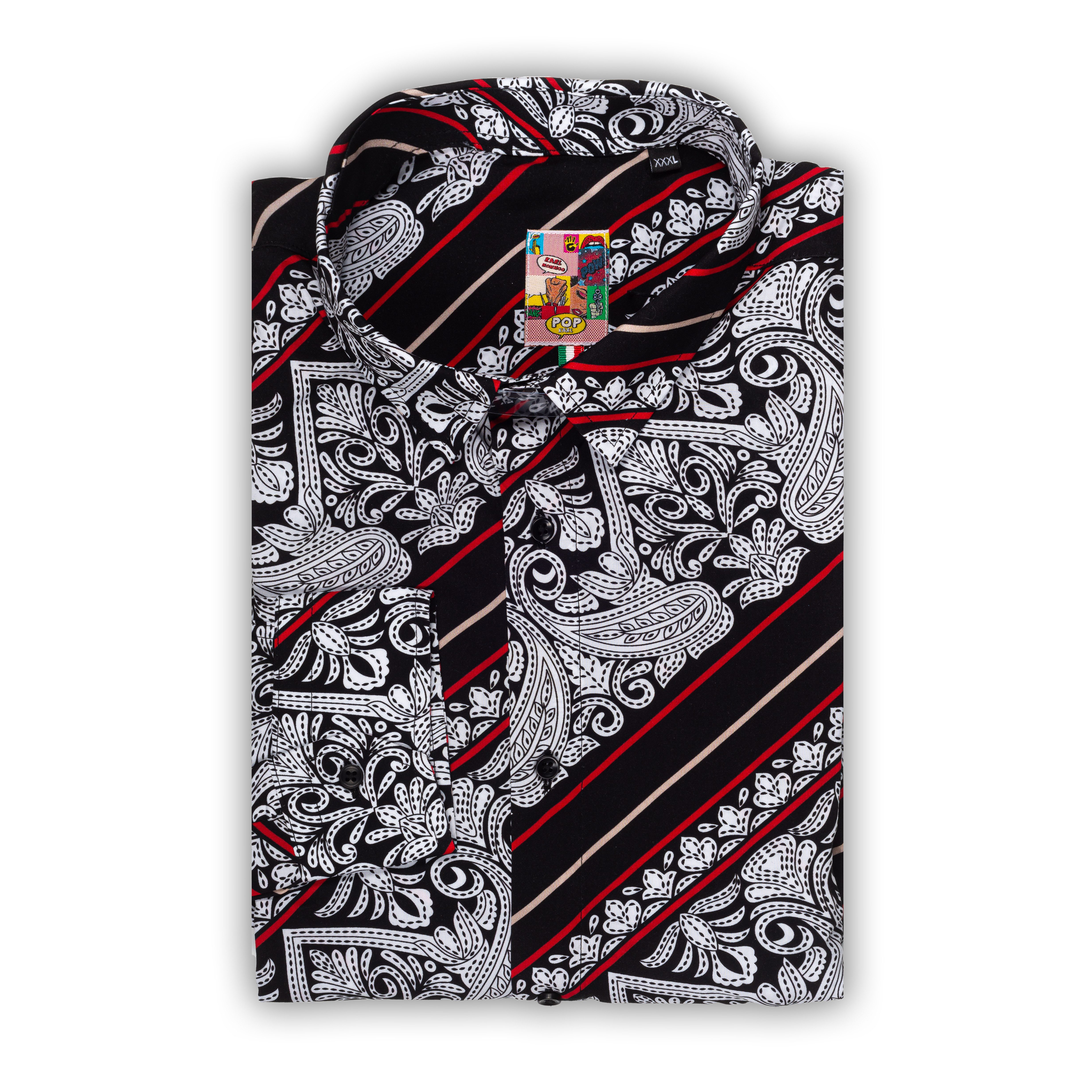 Karl Mommoo Langarmhemd KARL MOMMOO weiß/rot/schwarz - Viskose, Modern Fit Handgefertigt in Italien