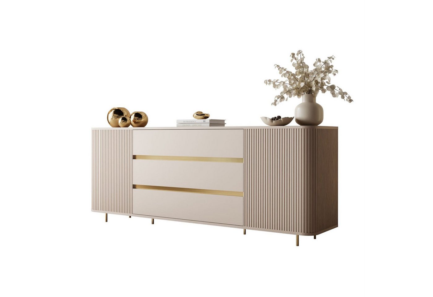 ALLHOUSE24 Kommode MIRACLE Sideboard Sandbeige mit Rillenfronten und abgerundeten Seiten (1x Kommode), Breite 180 cm
