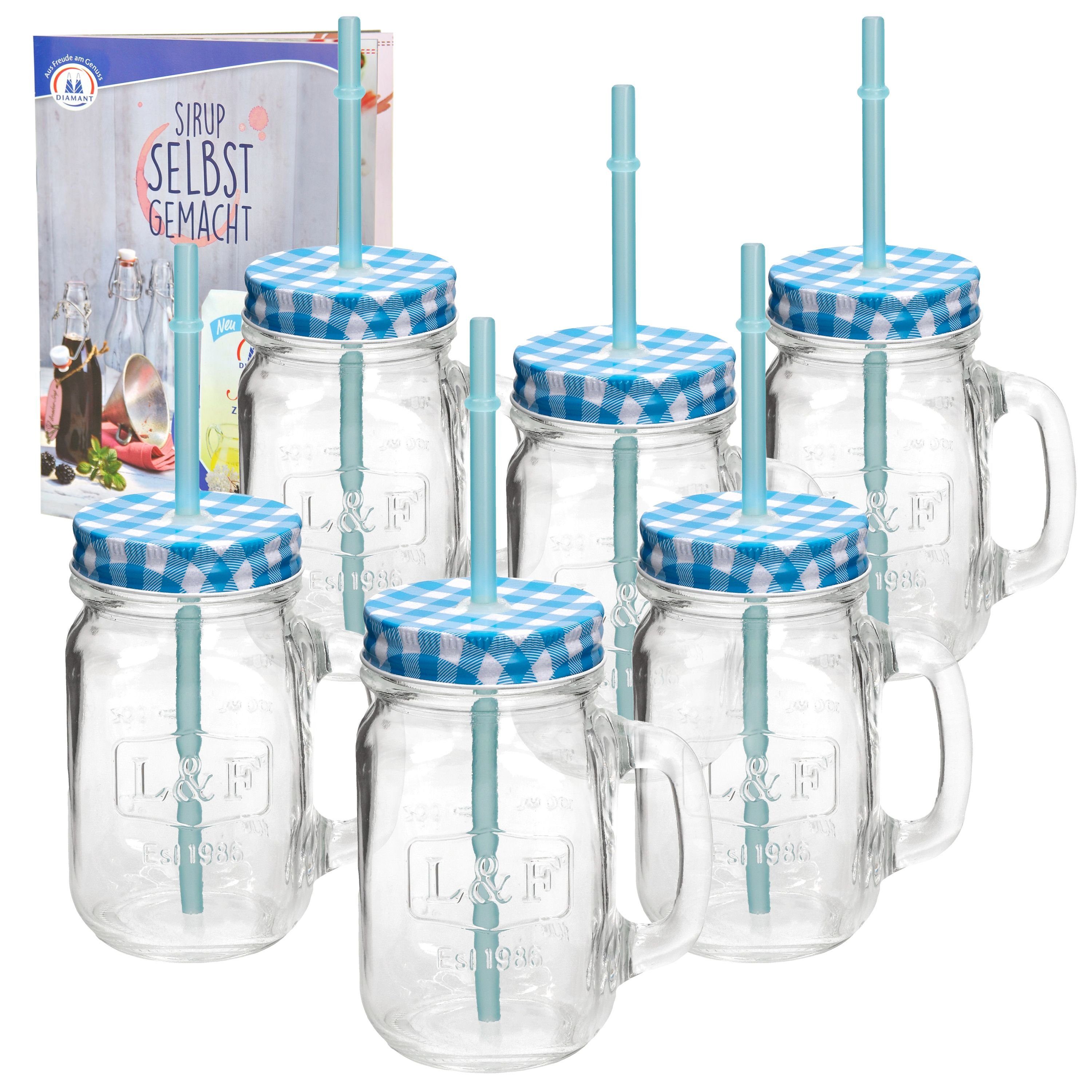 Glas - 6er mit Trading blau Liter, HIT Glas 0,5 Set kariert und Glasbecher Deckel Trinkhalm