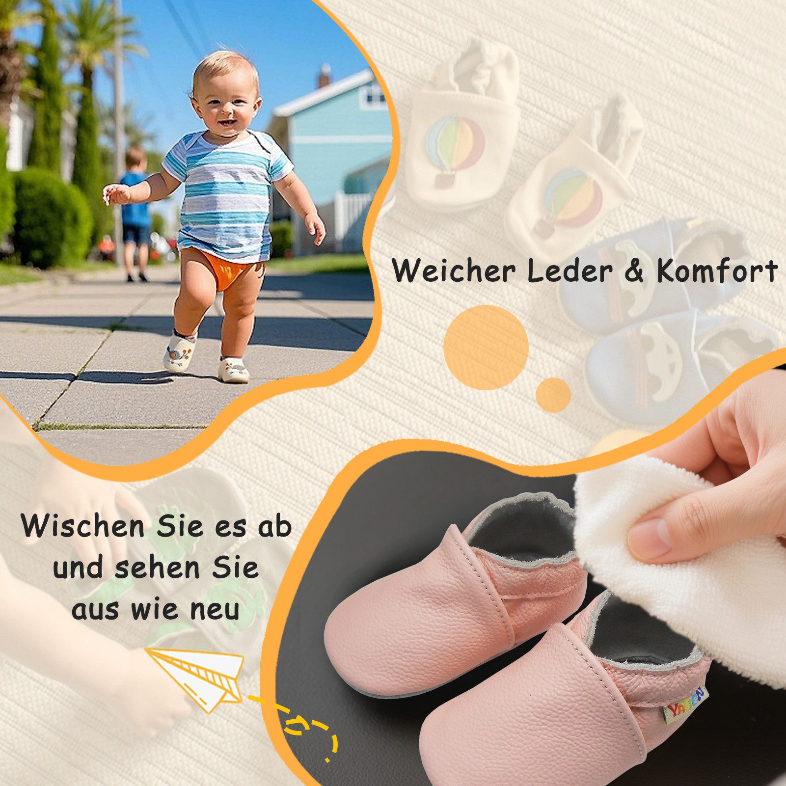 Yalion Yalion Leder Baby-Lauflernschuhe, weich, rutschfest, handgefertigt Krabbelschuh Baby Schuh aus echtem Leder,Barfußgefühl & rutschfester Sohle – Bild 3 von 5