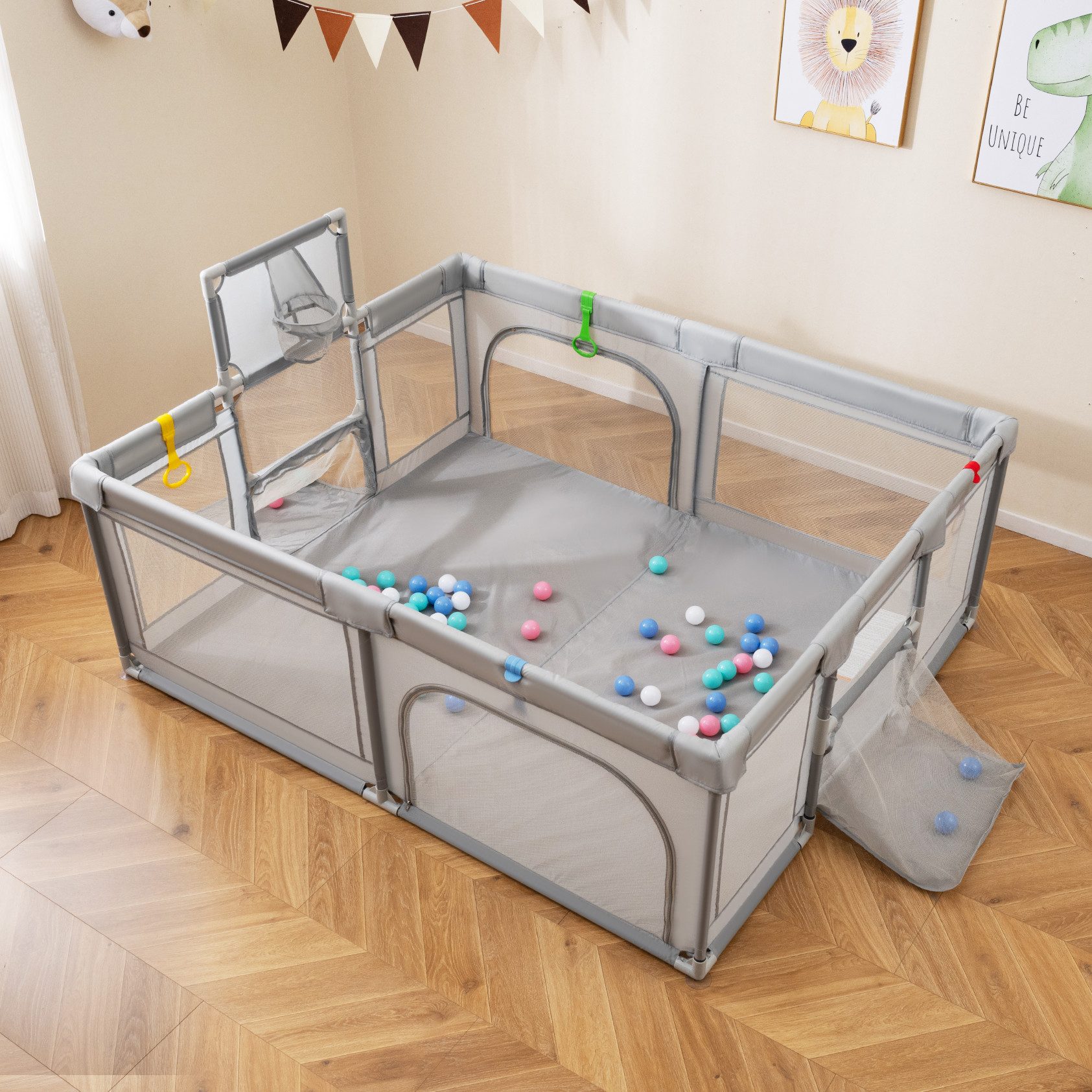 COSTWAY Laufstall Baby Laufgitter, Faltbar, mit Basketballkorb, Tragetasche, 50 Ozeanbällen – Bild 5 von 5