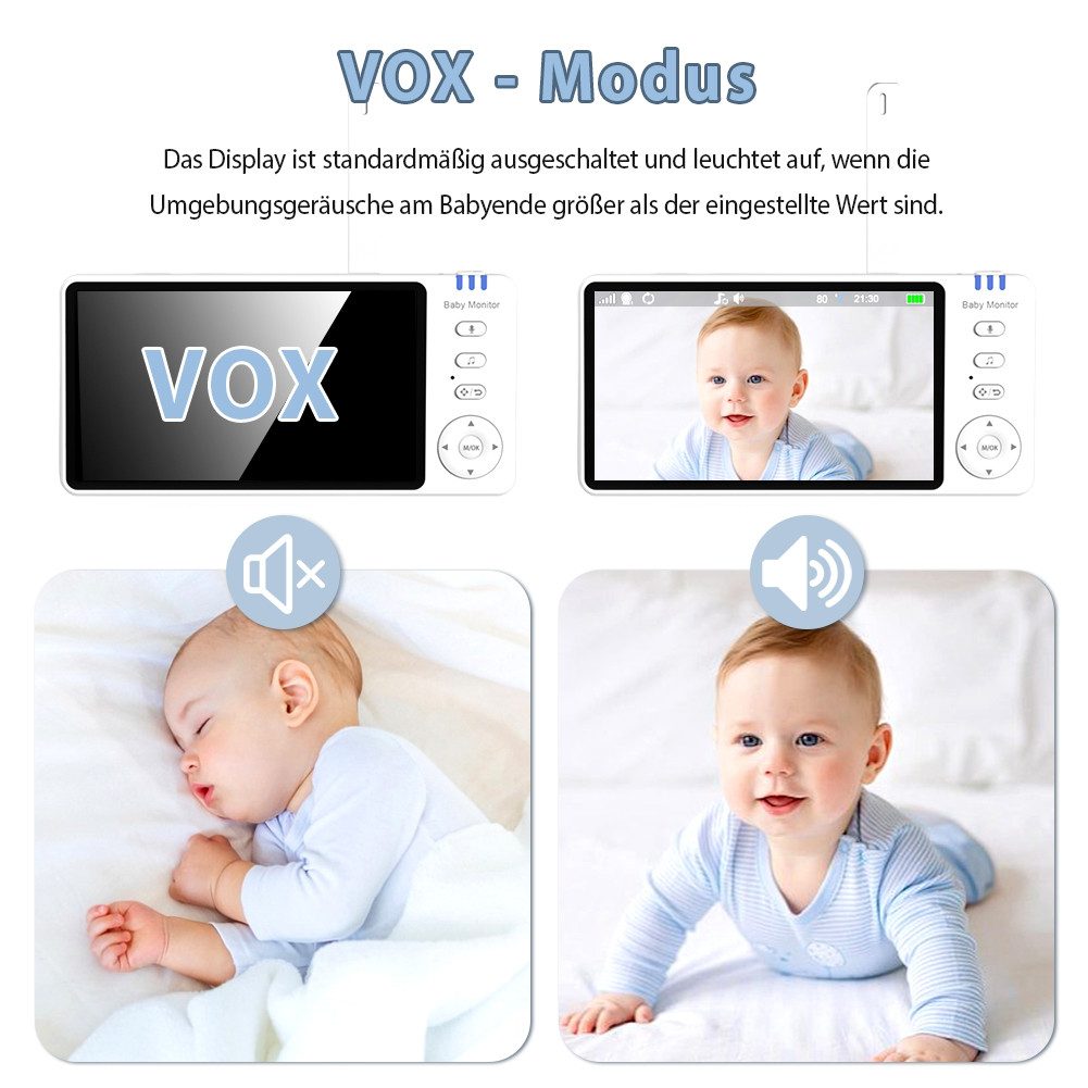 FANNOU Babyphone 720P mit Kamera 5 Zoll Baby Monitor, Nachtsicht, Bidirektionales Interkom, Zwei-Wege-Audio VOX-Modus Temperaturüberwachung Schlaflied Wecker