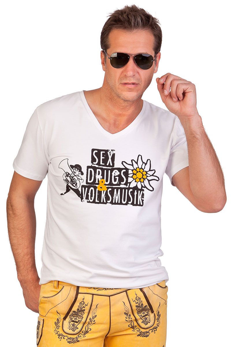 Hangowear Trachtenshirt Trachtenshirt Herren - HANNES - SEX, DRUGS, VOLKSMUSIK - weiß