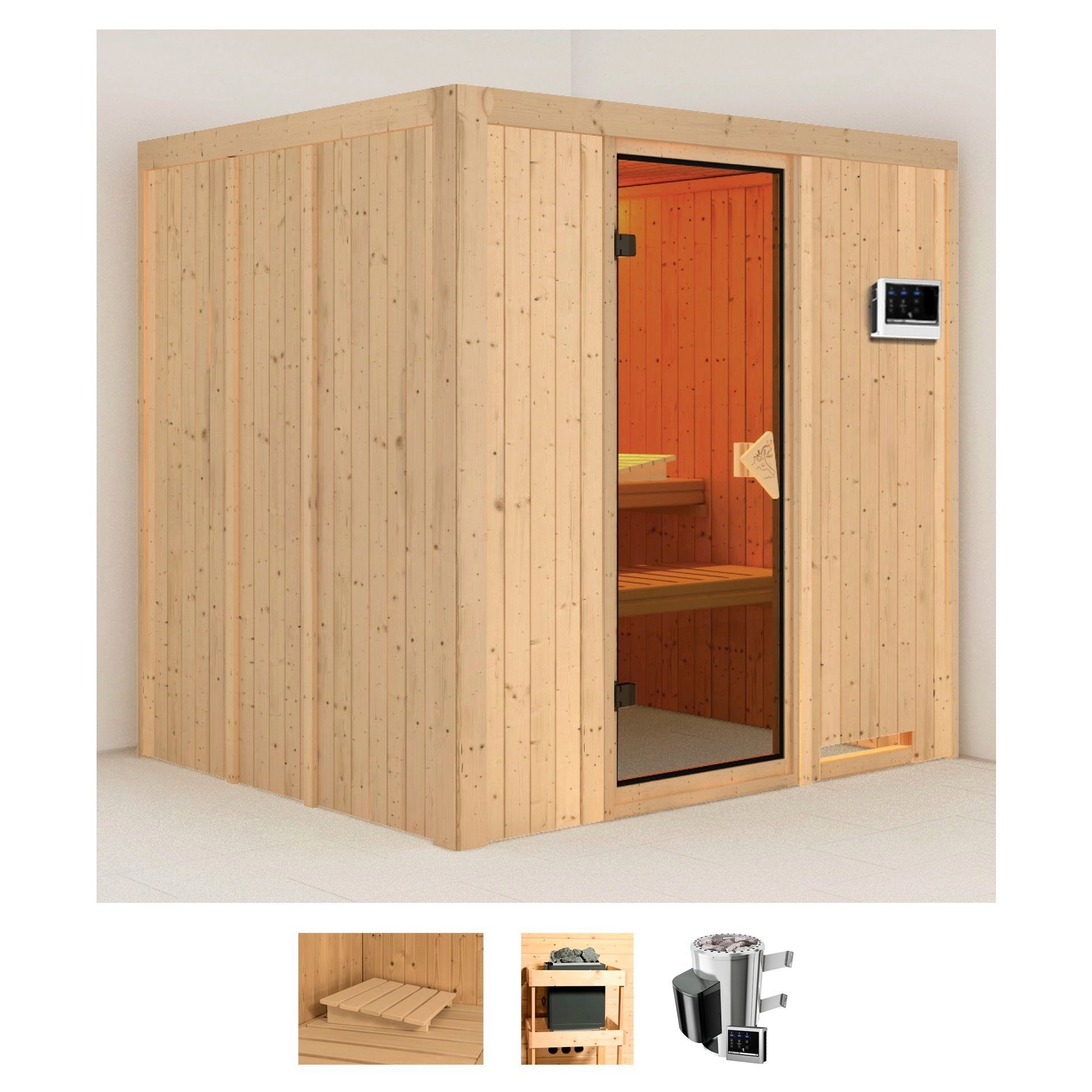 Karibu Sauna Dima, BxTxH: 196 x 170 x 198 cm, 68 mm, (Set) 3,6-kW-Plug & Play Ofen mit externer Steuerung
