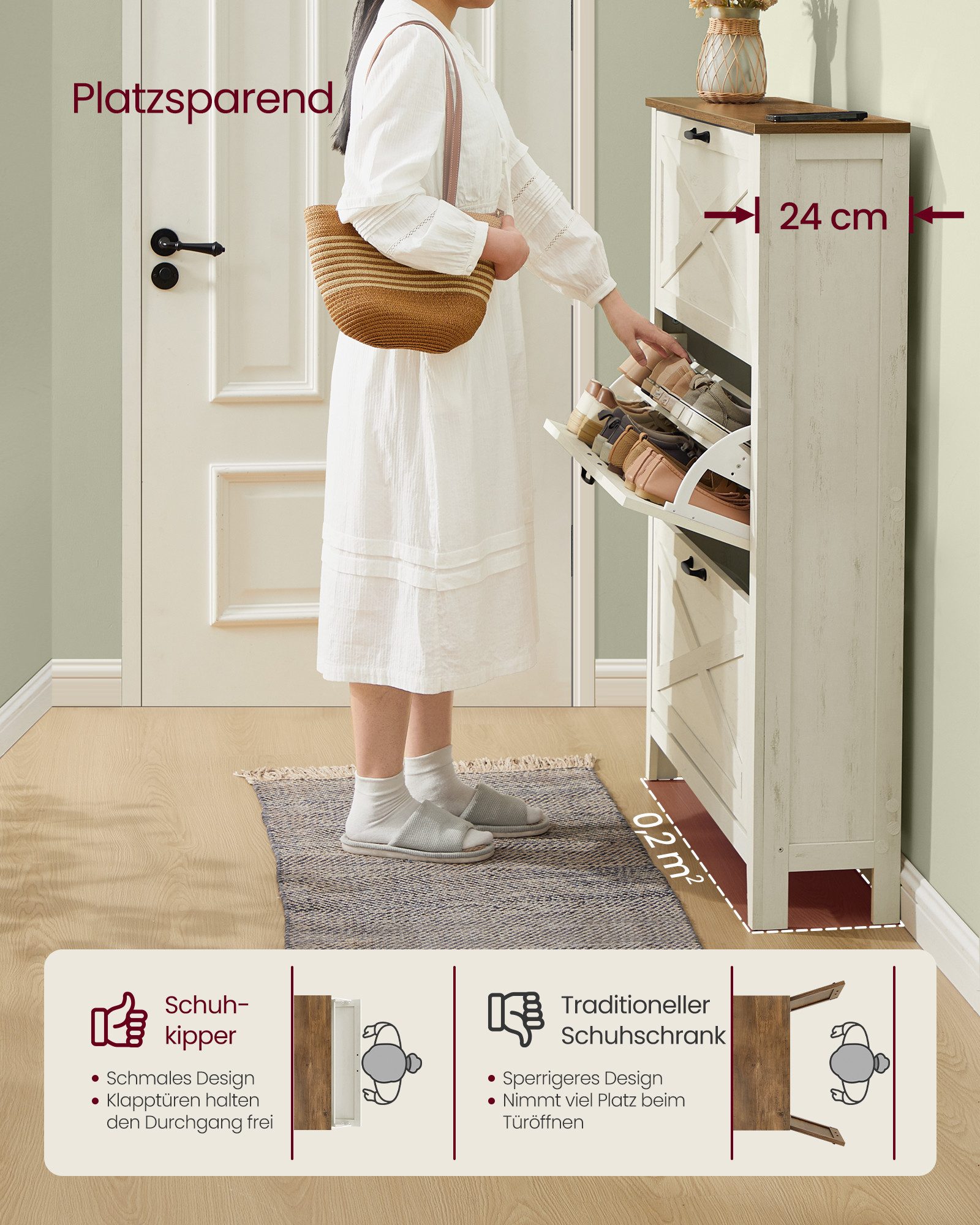 VASAGLE Schuhschrank Für Eingangsbereich, Landhausstil, für 18-24 Paar Schuhe Schuhschrank 3 Klappen, Schuhkipper, Schuhregal, für Eingangsbereich