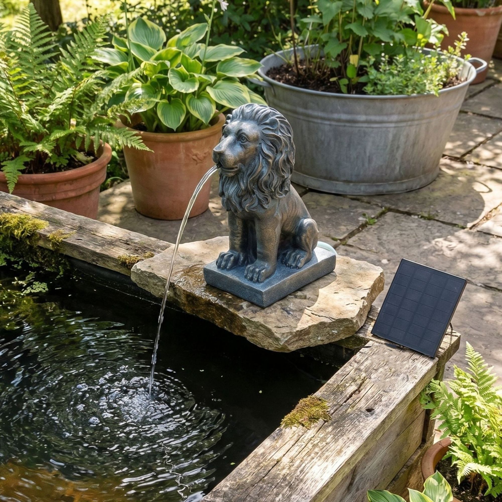 Arnusa Wasserspeier Solar Springbrunnen Löwe mit Pumpe Wasserspiel Teich 21 cm, Teichdekoration Gartenfigur Bronze-Optik – Bild 2 von 5