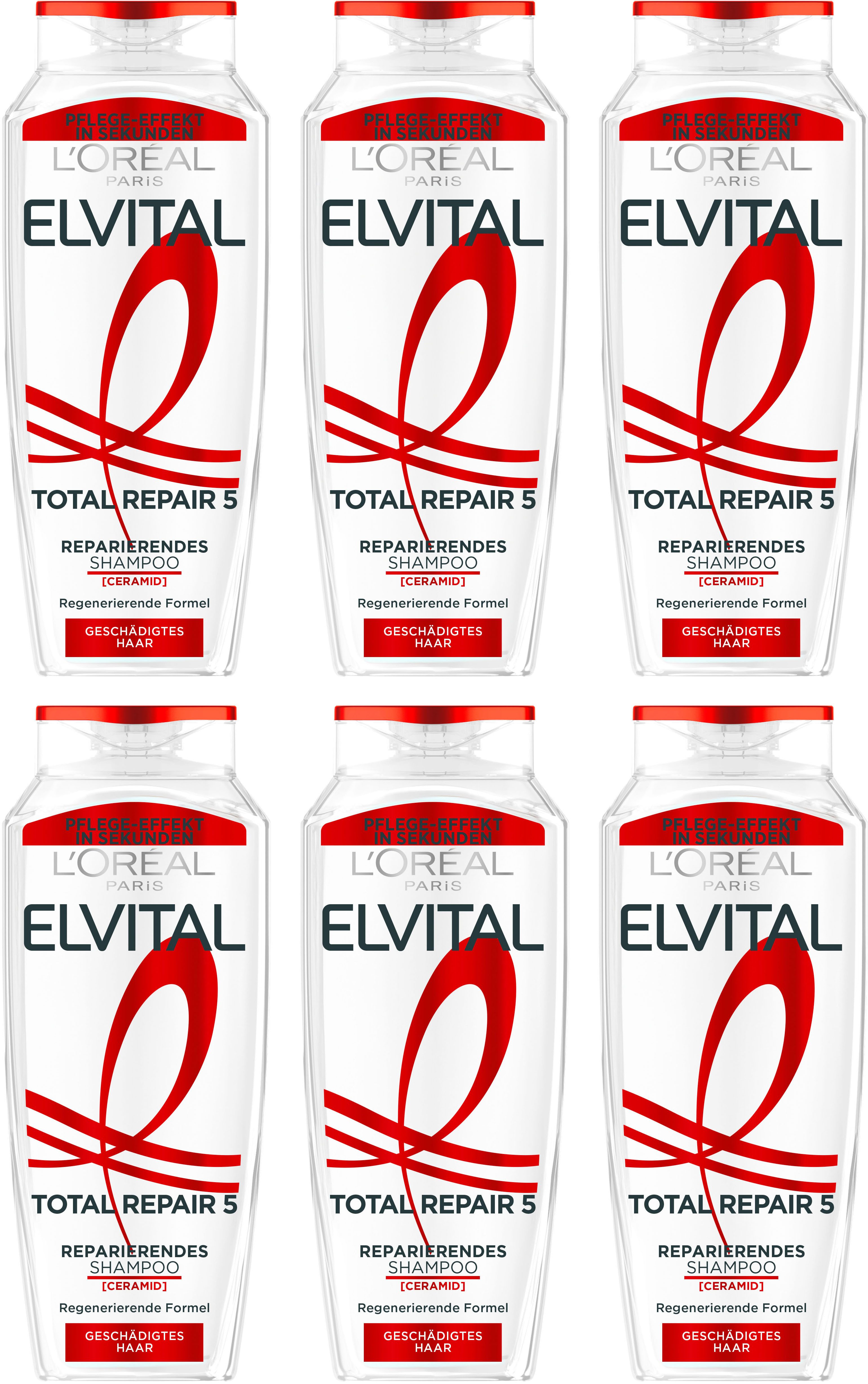 L'ORÉAL PARIS Haarshampoo L'Oréal Paris Elvital Total Repair 5 Shampoo, Packung, 6-tlg., Sorgt für Struktur-Aufbau, Widerstandskraft, Vitalität und mehr.