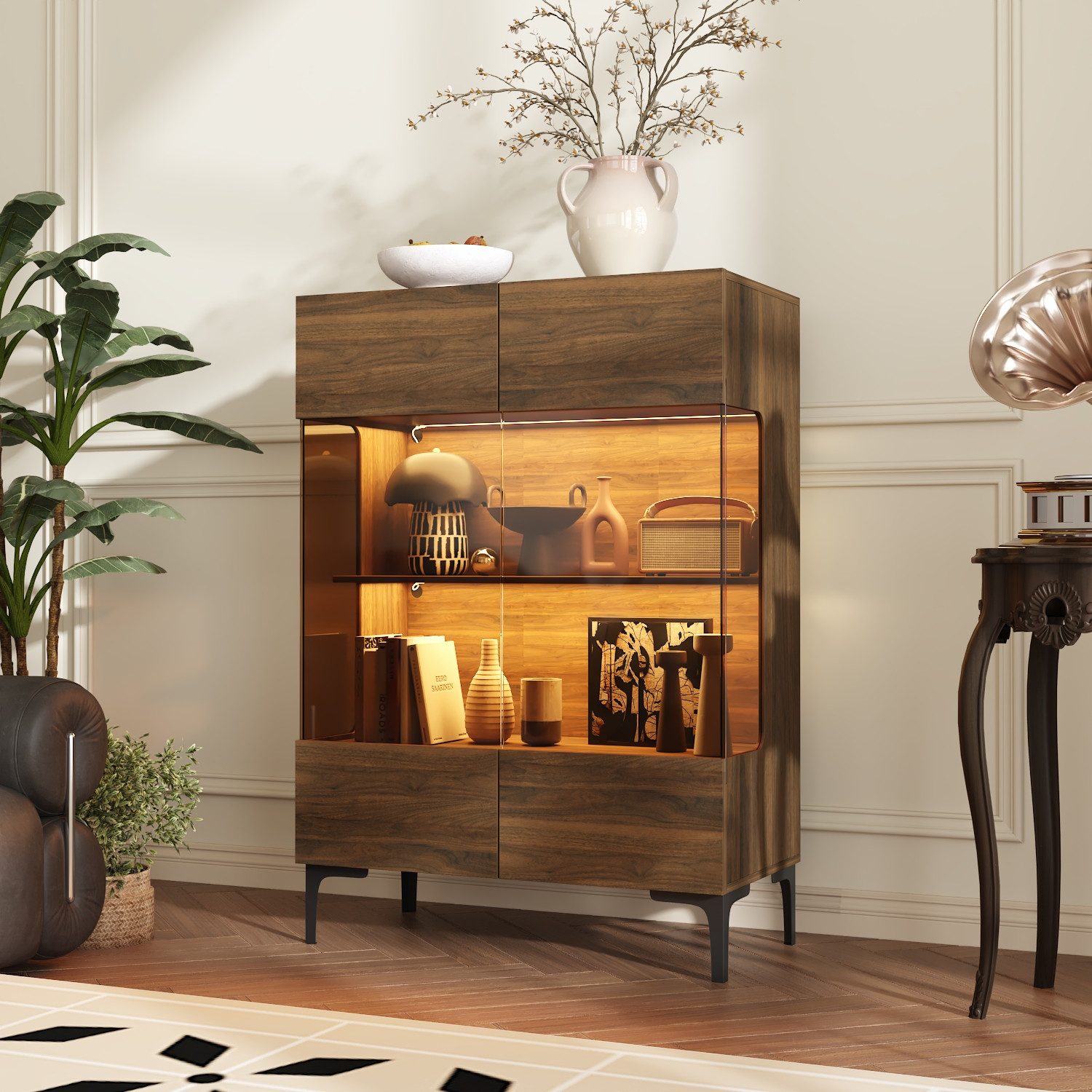 FUFU&GAGA Glasvitrine 115cm hoch, Vitrinenschrank mit LED und Glastüren