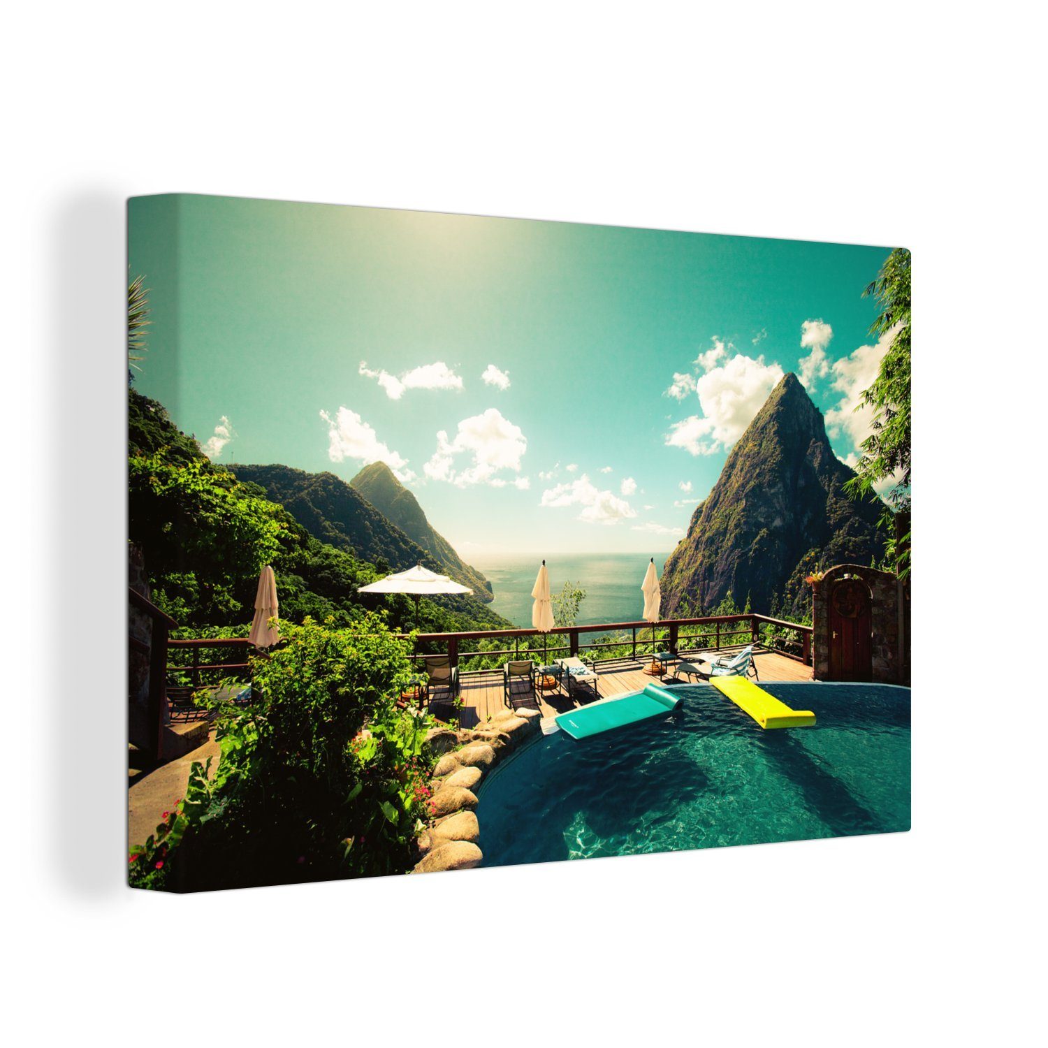 OneMillionCanvasses® Leinwandbild Blick auf die Pitons von einem Schwimmbad in St. Lucia, (1 St), Wandbild Leinwandbilder, Aufhängefertig, Wanddeko, 30x20 cm